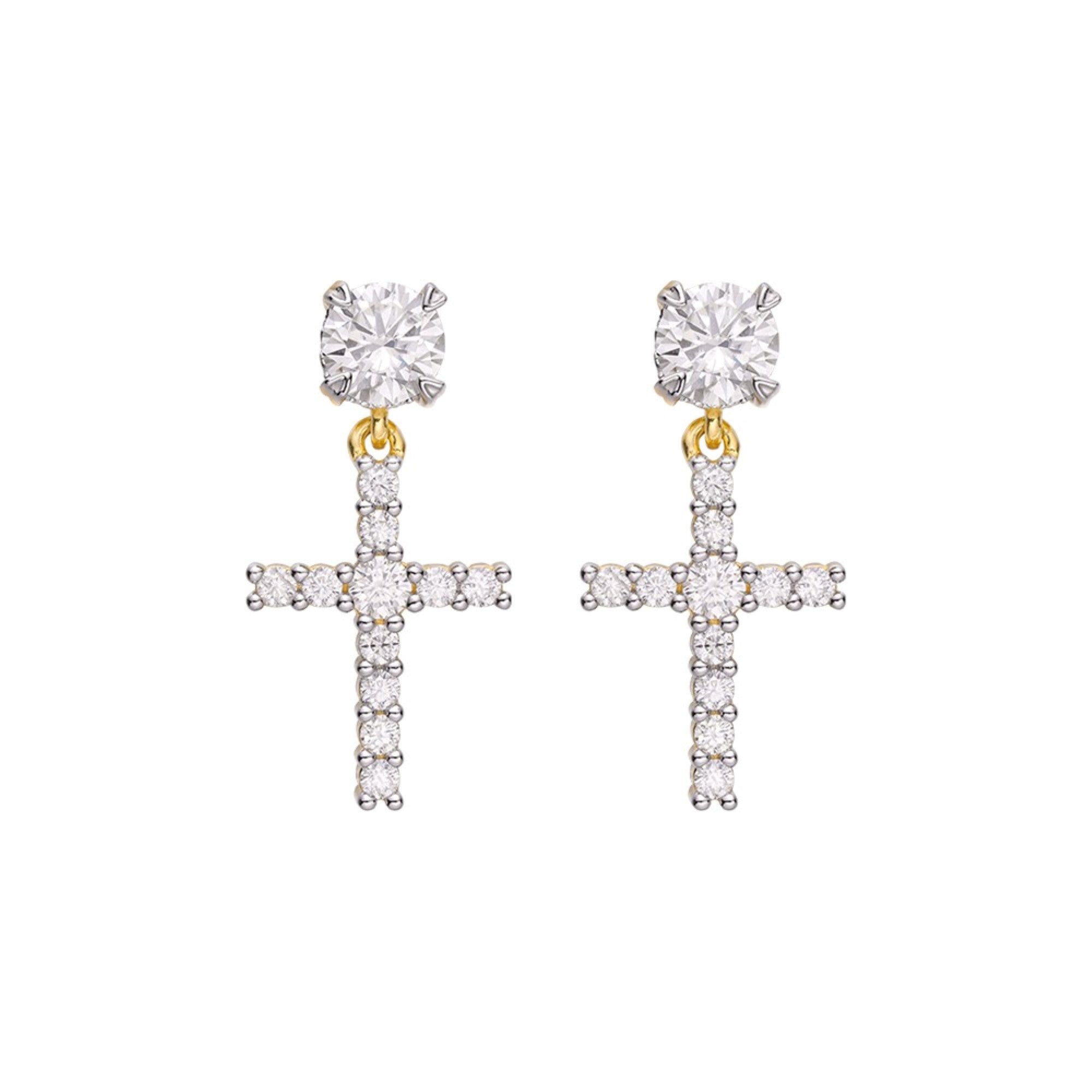 Sterling Silver Round Moissanite Cross Religious Stud Earrings RP+GP 7/8 Cttw