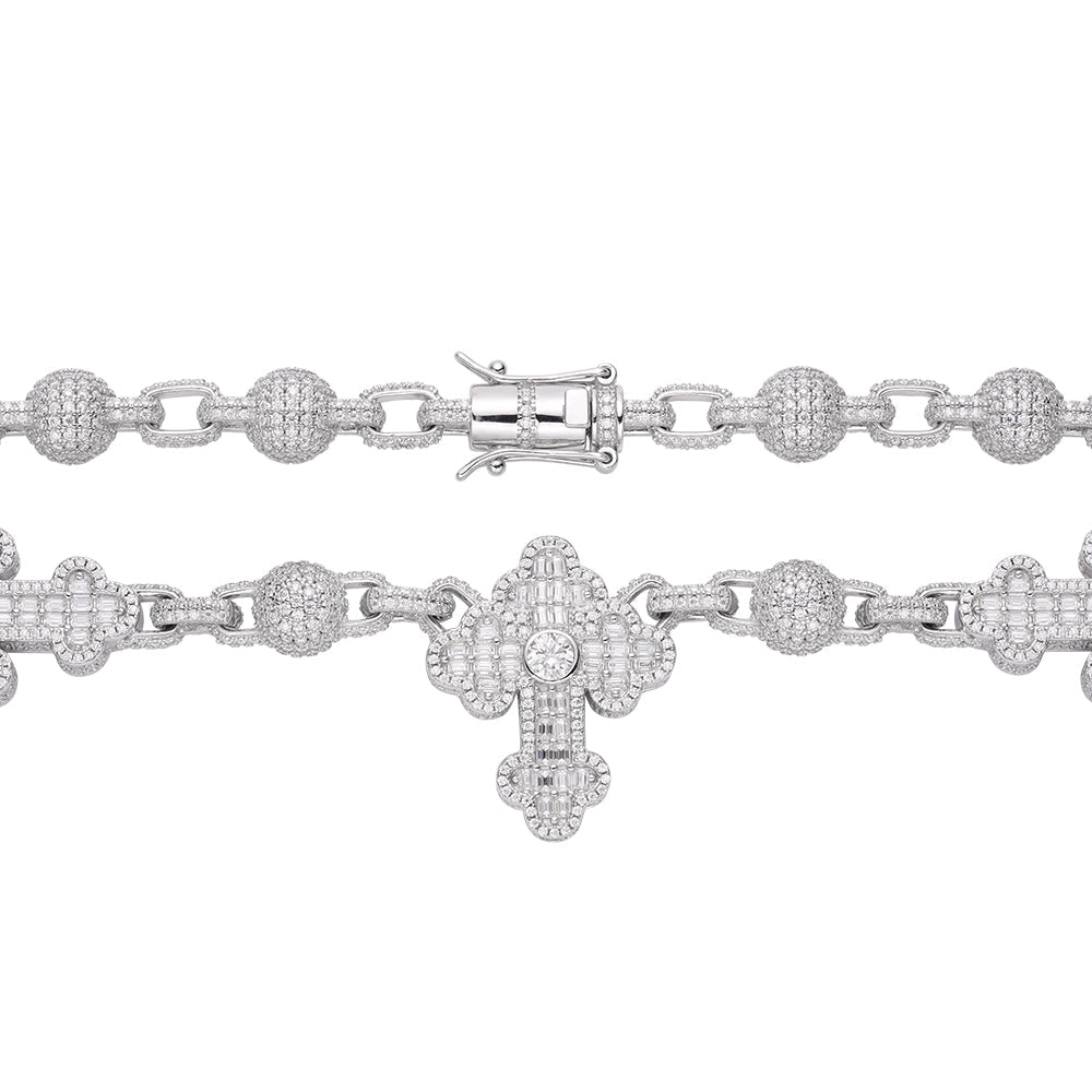 Sterling Silver Round Baguette Moissanite Cross Religious 22 Inch Necklace RP 38-1/3 Cttw