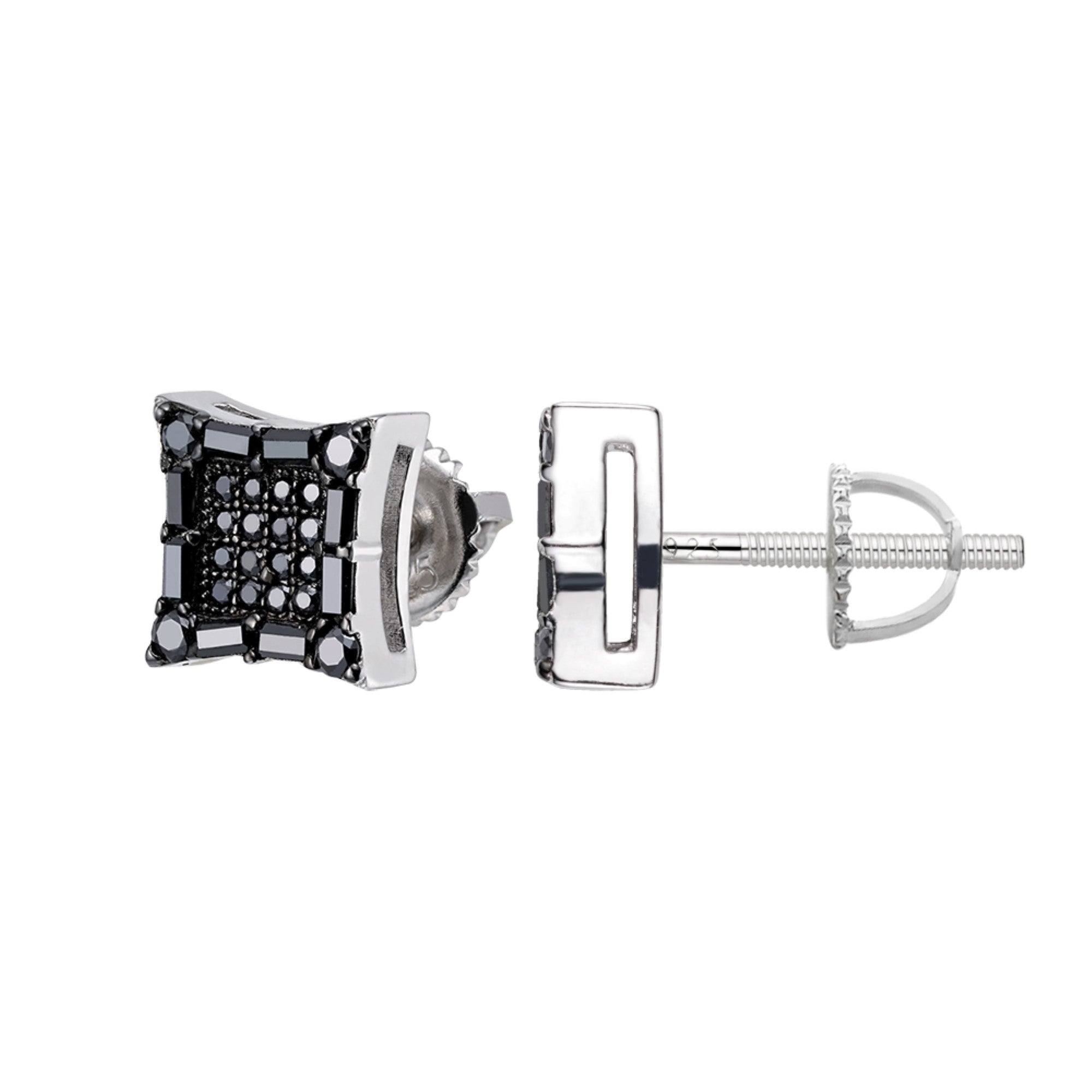 Sterling Silver Round Baguette Black Moissanite Square Shape Stud Earrings BP+RP 5/8 Cttw