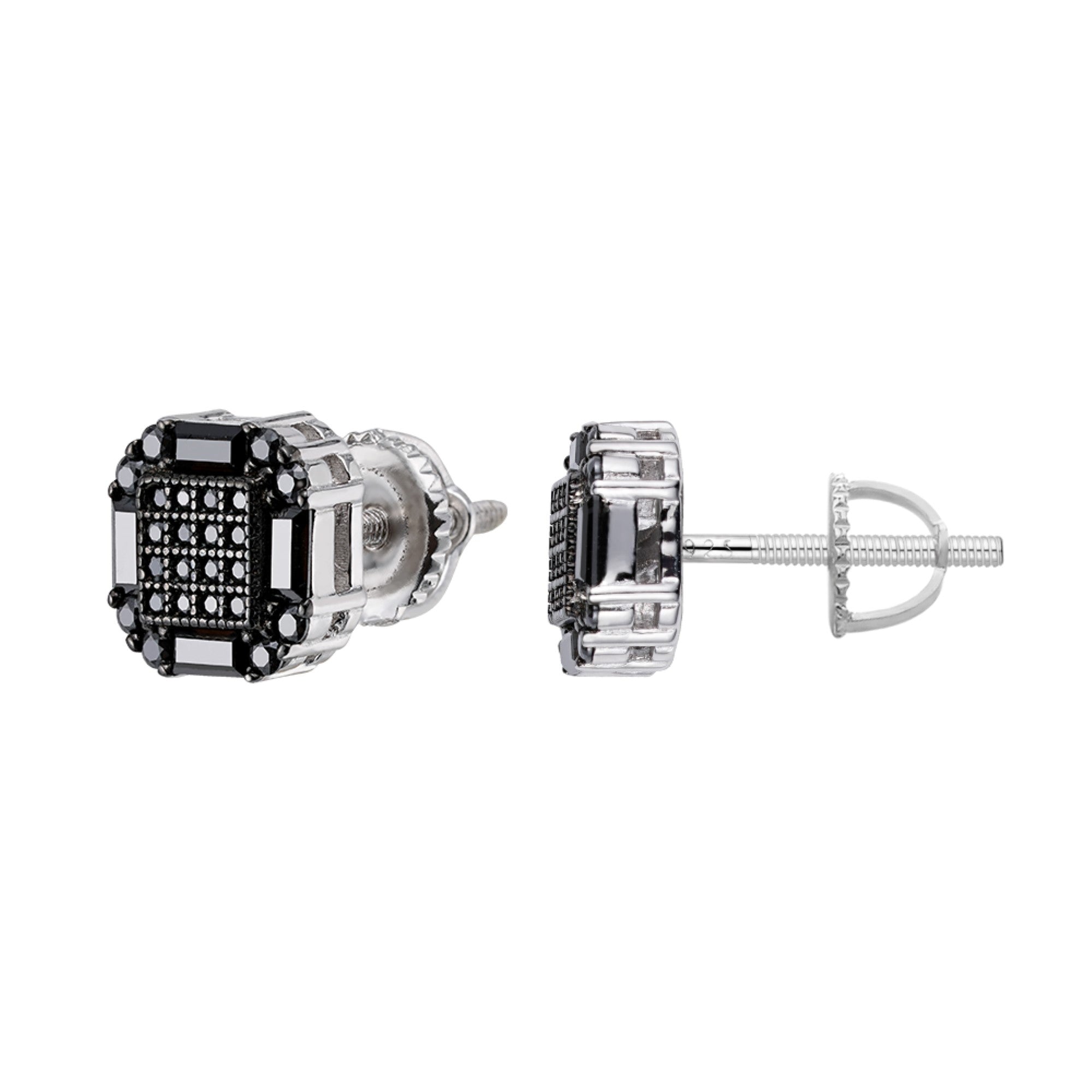 Sterling Silver Round Baguette Black Moissanite Square Shape Stud Earrings BP+RP 7/8 Cttw