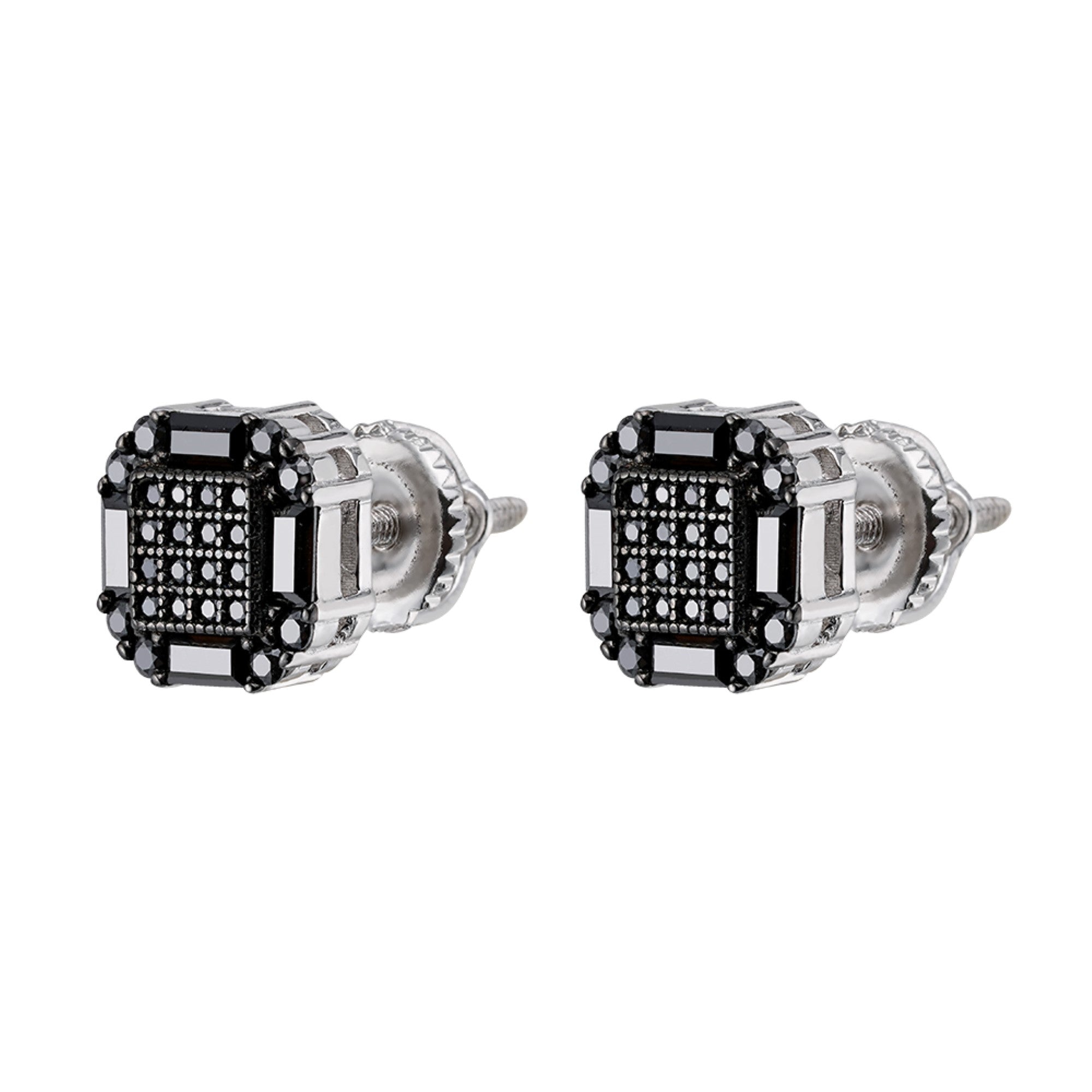 Sterling Silver Round Baguette Black Moissanite Square Shape Stud Earrings BP+RP 7/8 Cttw