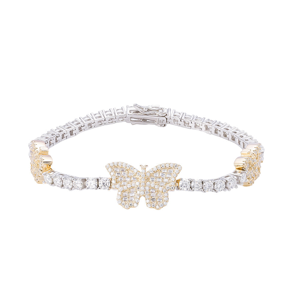 Sterling Silver Round Baguette 3mm Tennis Moissanite Butterfly Designer 7Inch Bracelet RP+GP 6 Cttw