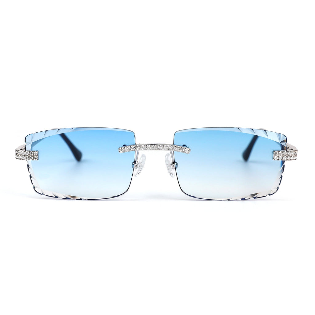 Sterling Silver Round Moissanite Cartier Square Shape Blue Lens Wooden Glasses RP 2-1/3 Cttw