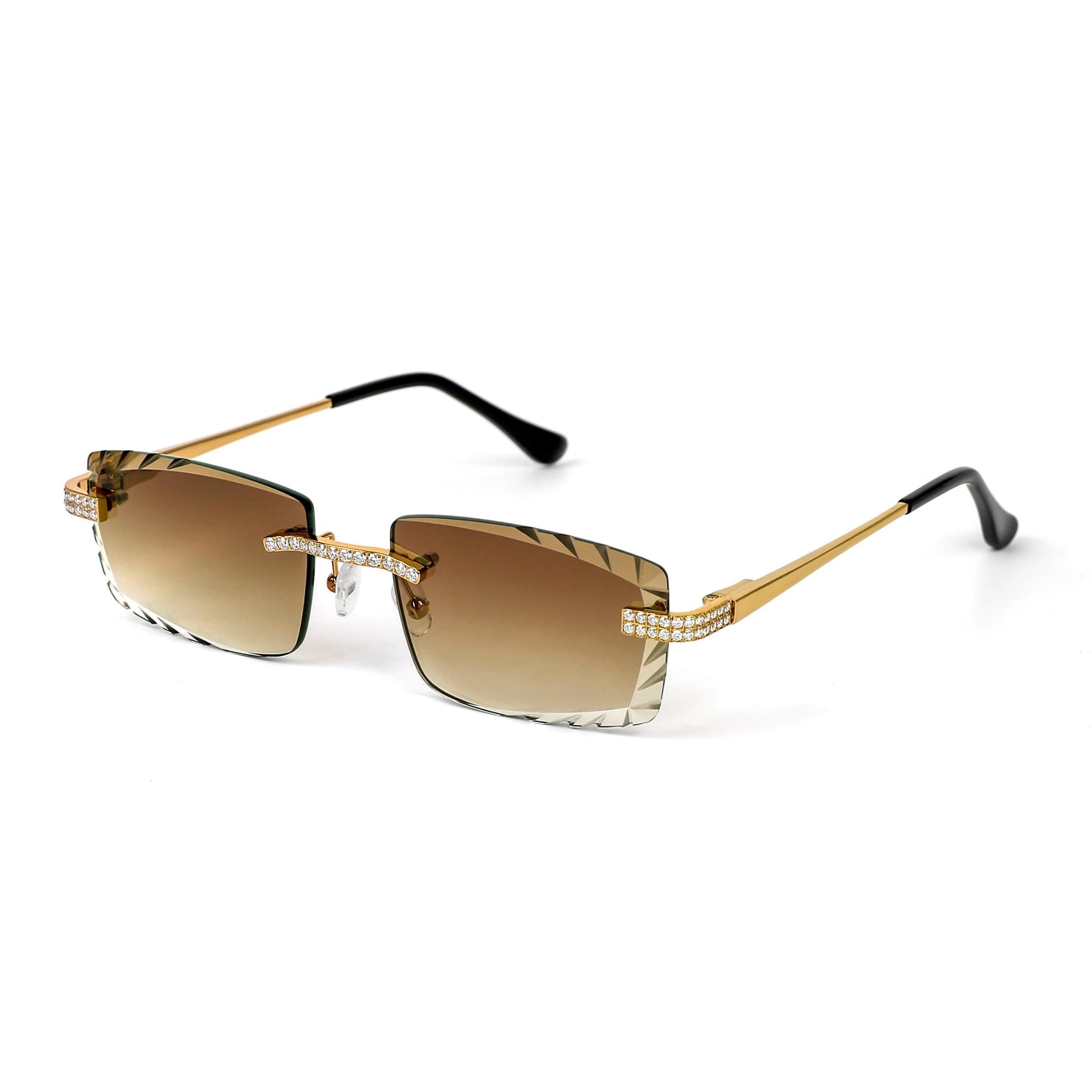 Sterling Silver Round Moissanite Cartier Square Shape Brown Lens Wooden Glasses GP 2-1/3 Cttw