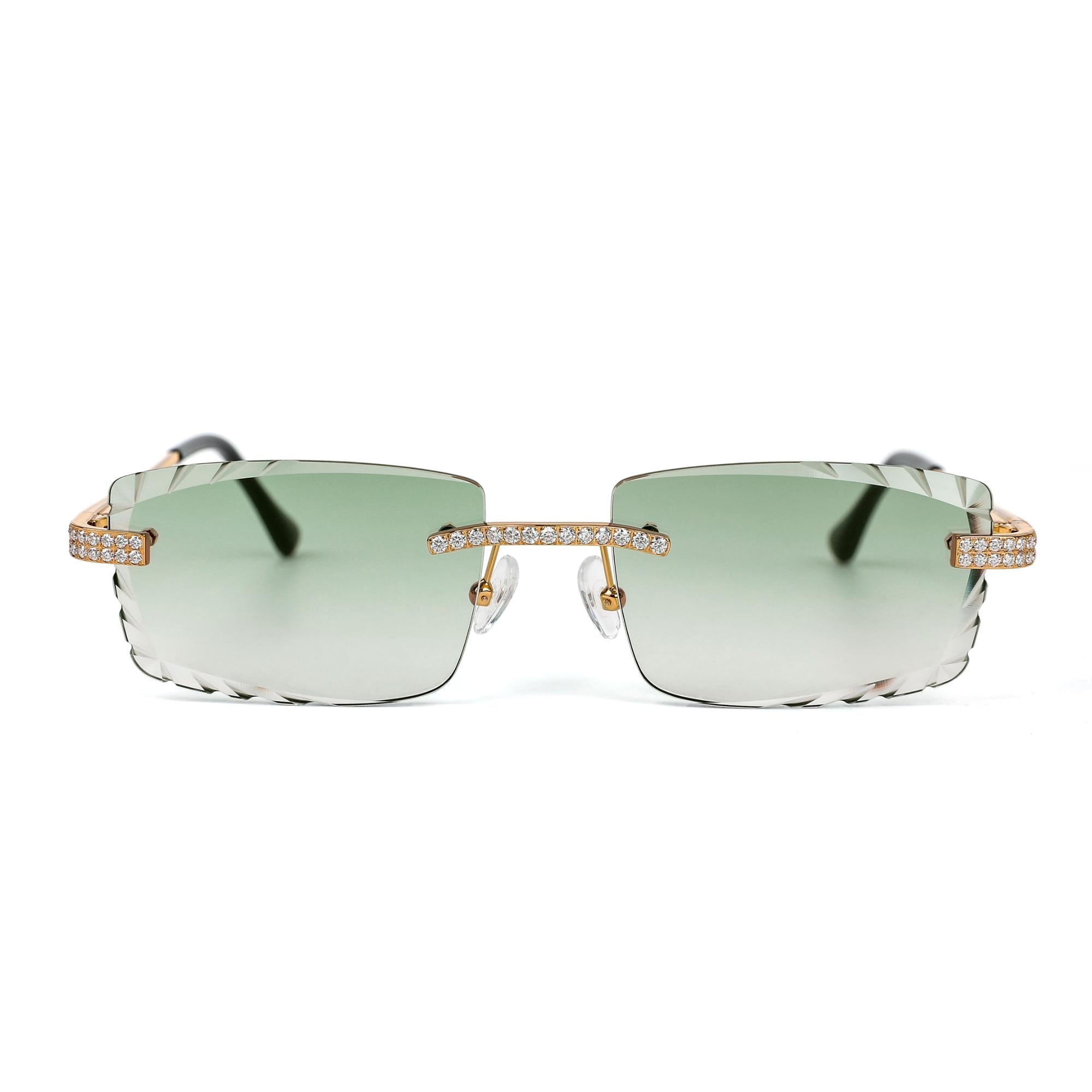 Sterling Silver Round Moissanite Cartier Square Shape Green Lens Wooden Glasses GP 2-1/3 Cttw