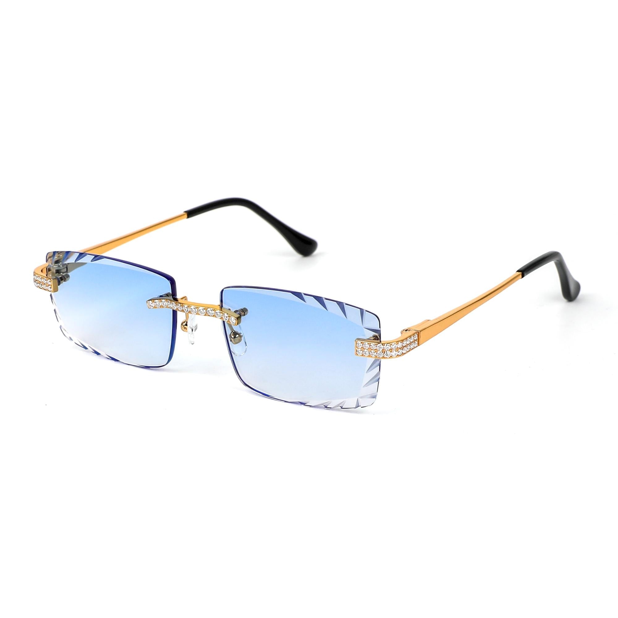 Sterling Silver Round Moissanite Cartier Square Shape Blue Lens Wooden Glasses GP 2-1/3 Cttw