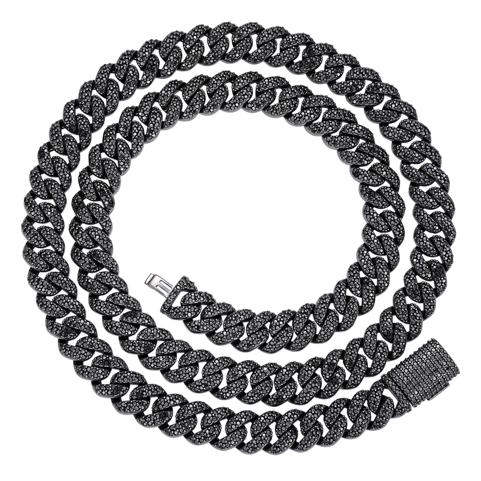 Sterling Silver 10mm Round Black Moissanite Miami Cuban Chain 22 Inch Mens Necklace BP+BP 13-5/8 Cttw