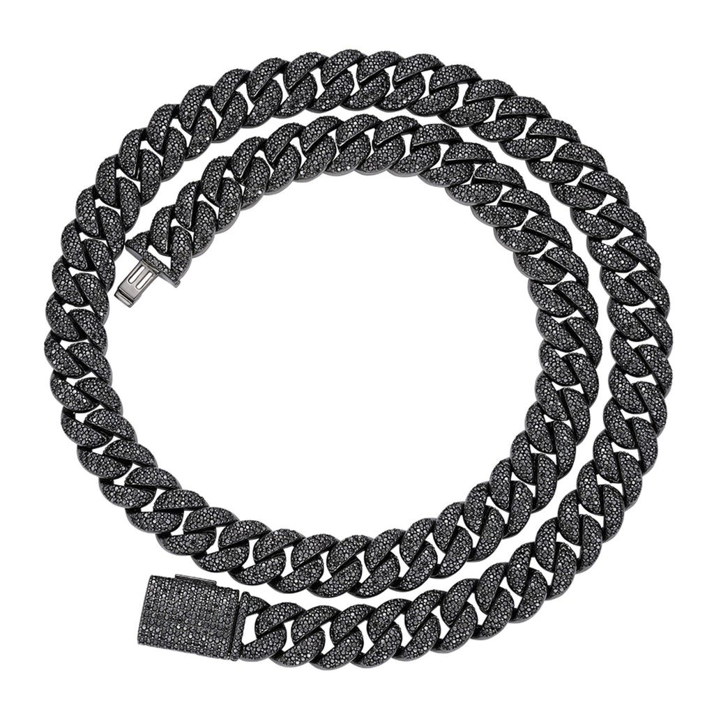 Sterling Silver 12mm Round Black Moissanite Miami Cuban Chain 22 Inch Mens Necklace BP+BP 19-5/8 Cttw