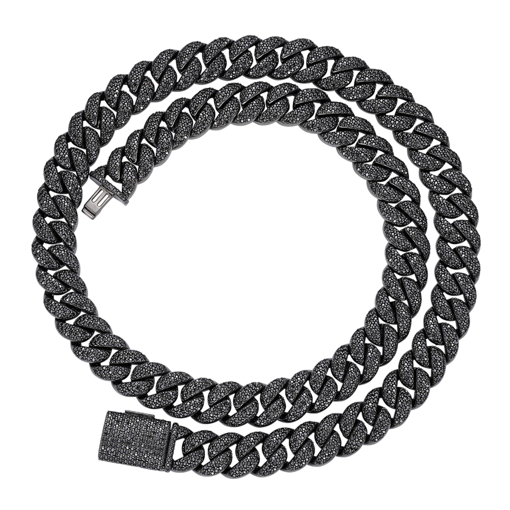 Sterling Silver 12mm Round Black Moissanite Miami Cuban Chain 22 Inch Mens Necklace BP+BP 19-5/8 Cttw