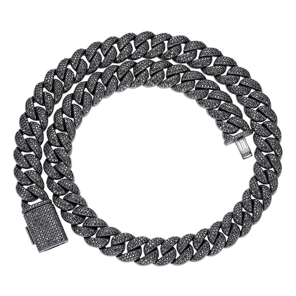 Sterling Silver 15mm Round Black Moissanite Miami Cuban Chain 22 Inch Mens Necklace BP+BP 27-1/3 Cttw