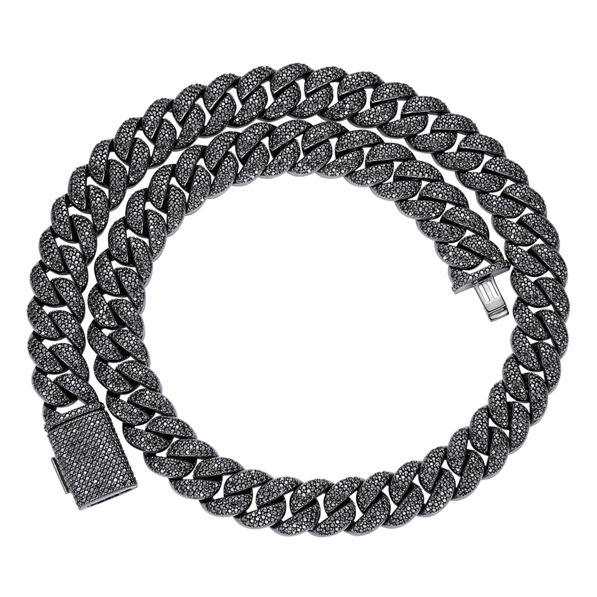 Sterling Silver 15mm Round Black Moissanite Miami Cuban Chain 22 Inch Mens Necklace BP+BP 27-1/3 Cttw