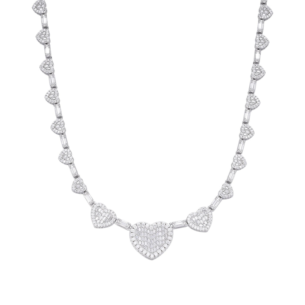 Sterling Silver Round Baguette Moissanite Heart Designer 18 Inch Necklace RP 14-5/8 Cttw