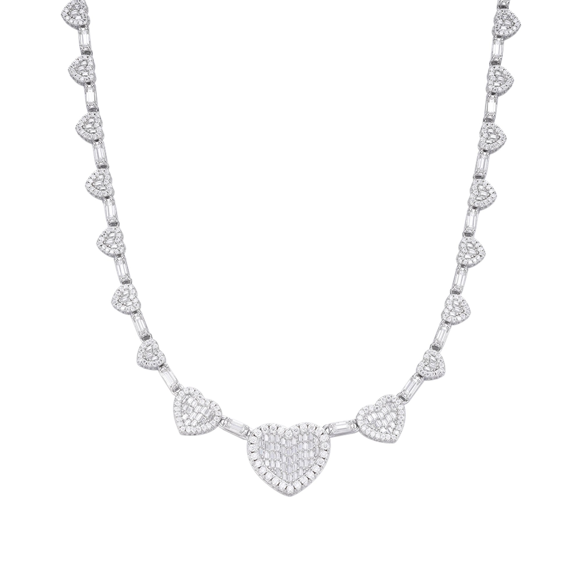 Sterling Silver Round Baguette Moissanite Heart Designer 18 Inch Necklace RP 14-5/8 Cttw