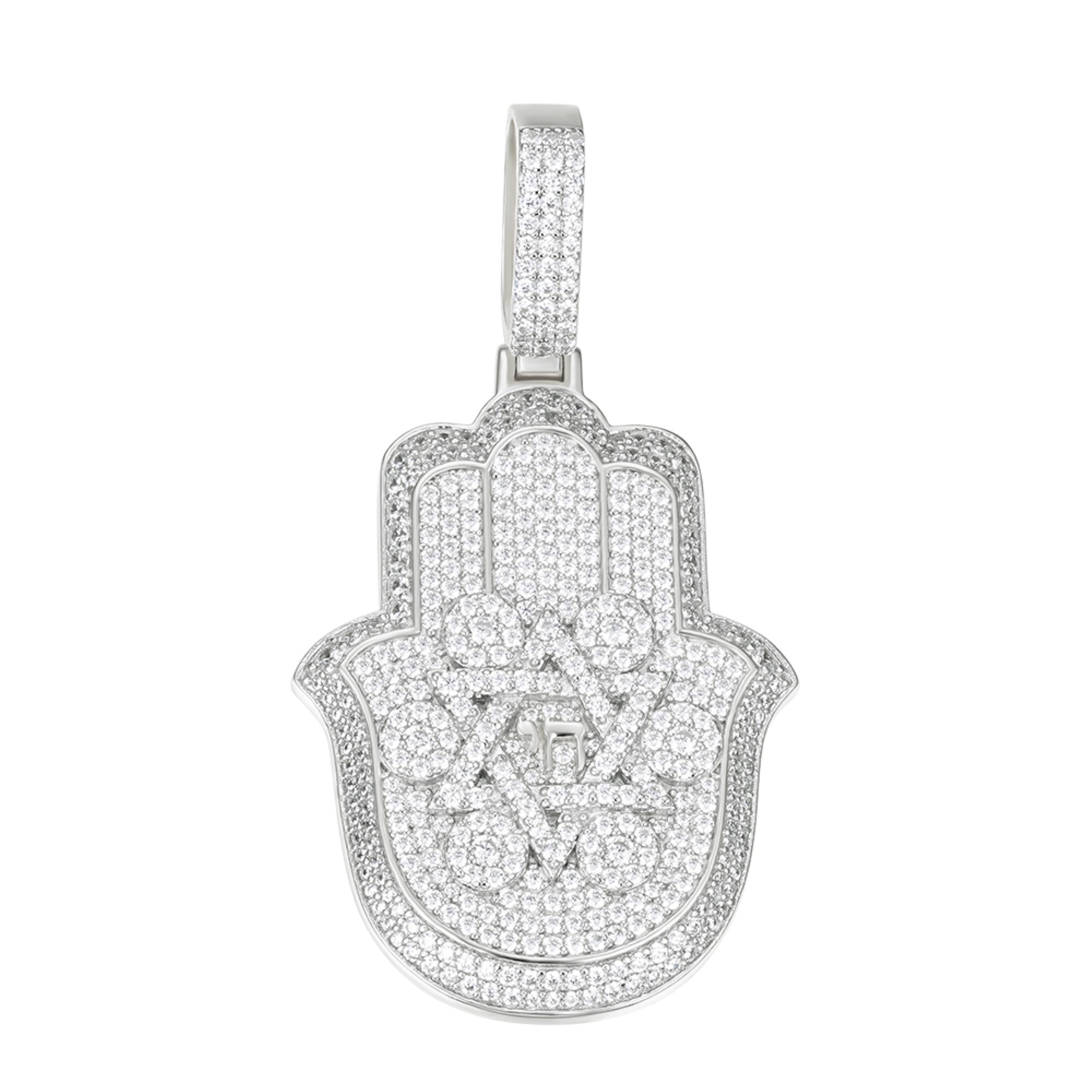 Sterling Silver Round Moissanite Hamza Hand Religious Pendant RP 3-5/8 Cttw