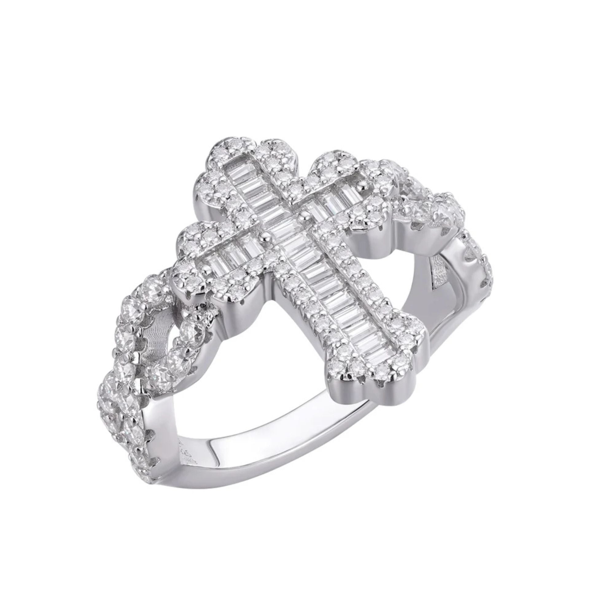 Sterling Silver Round Baguette Moissanite Cross Religious SZ 9 Ring RP 1-5/8 Cttw