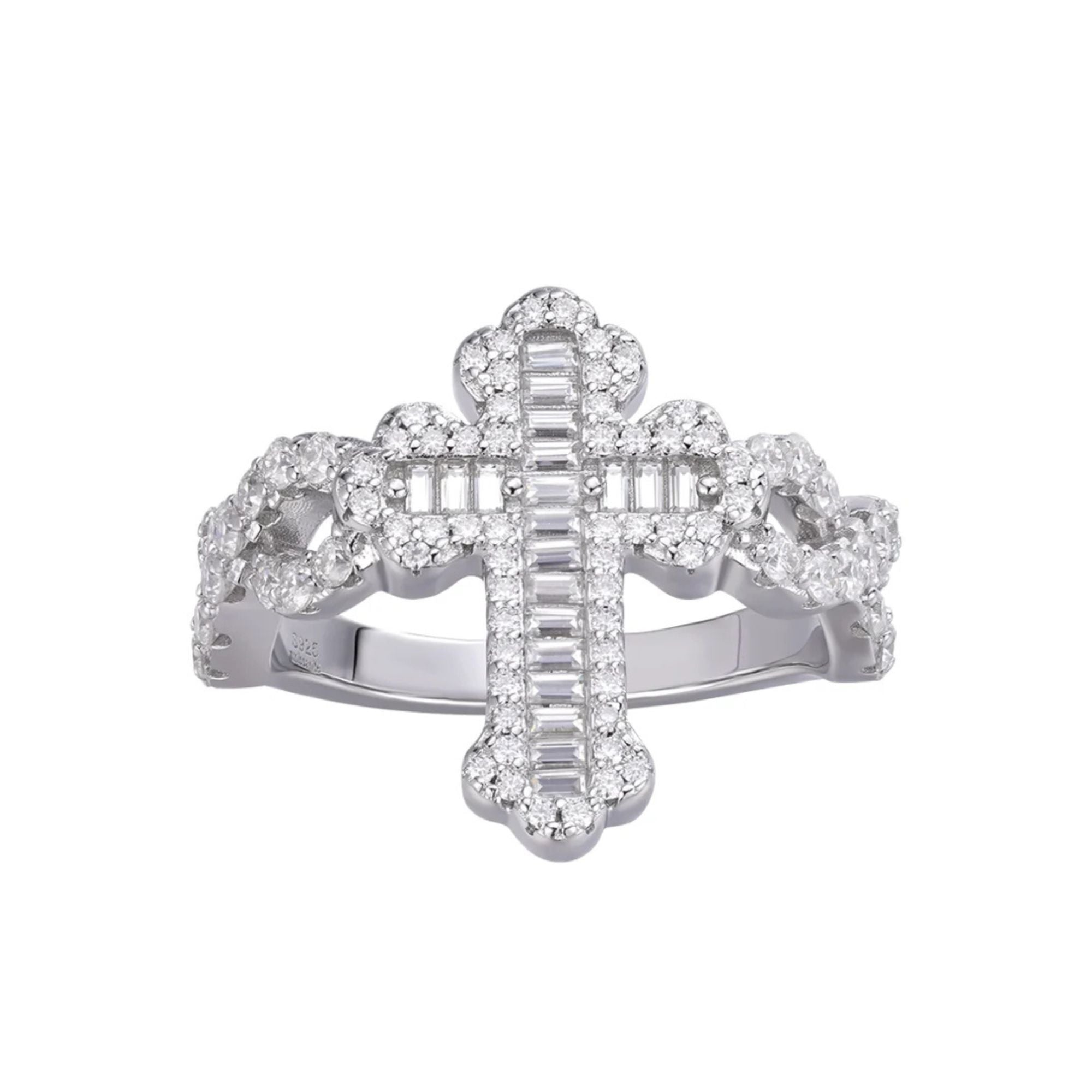 Sterling Silver Round Baguette Moissanite Cross Religious SZ 9 Ring RP 1-5/8 Cttw