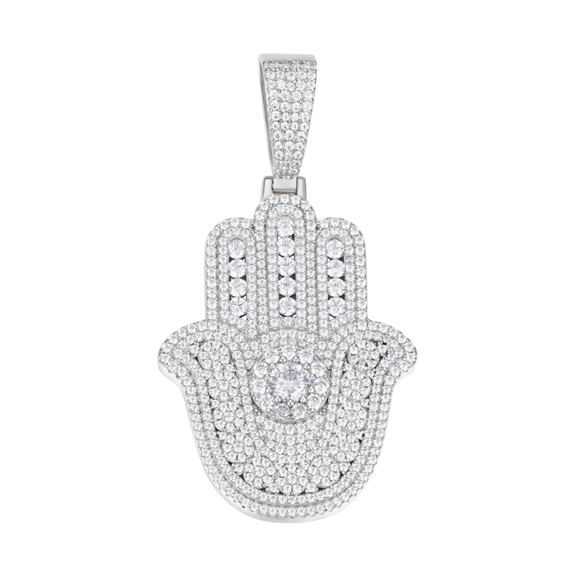 Sterling Silver Round Moissanite Hamza Hand Religious Pendant RP 4-3/8 Cttw