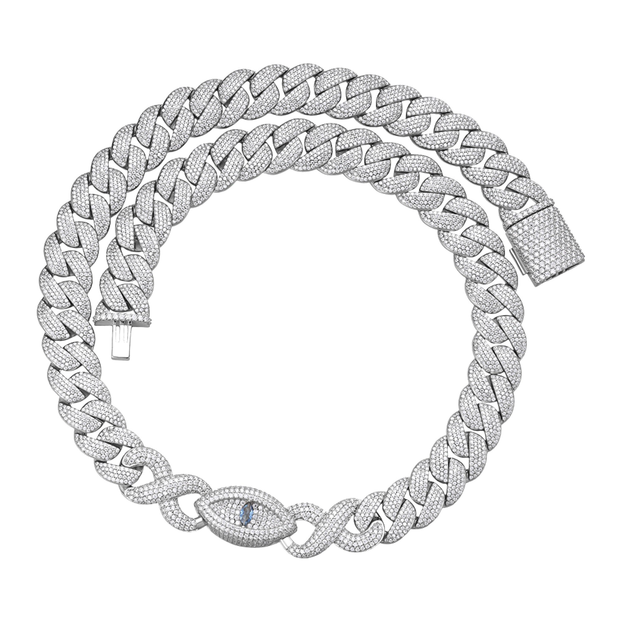Sterling Silver Round Moissanite 15mm Inifinity Cuban With Evil Eye Designer 22 Inch Mens Necklace RP 27-1/8 Cttw