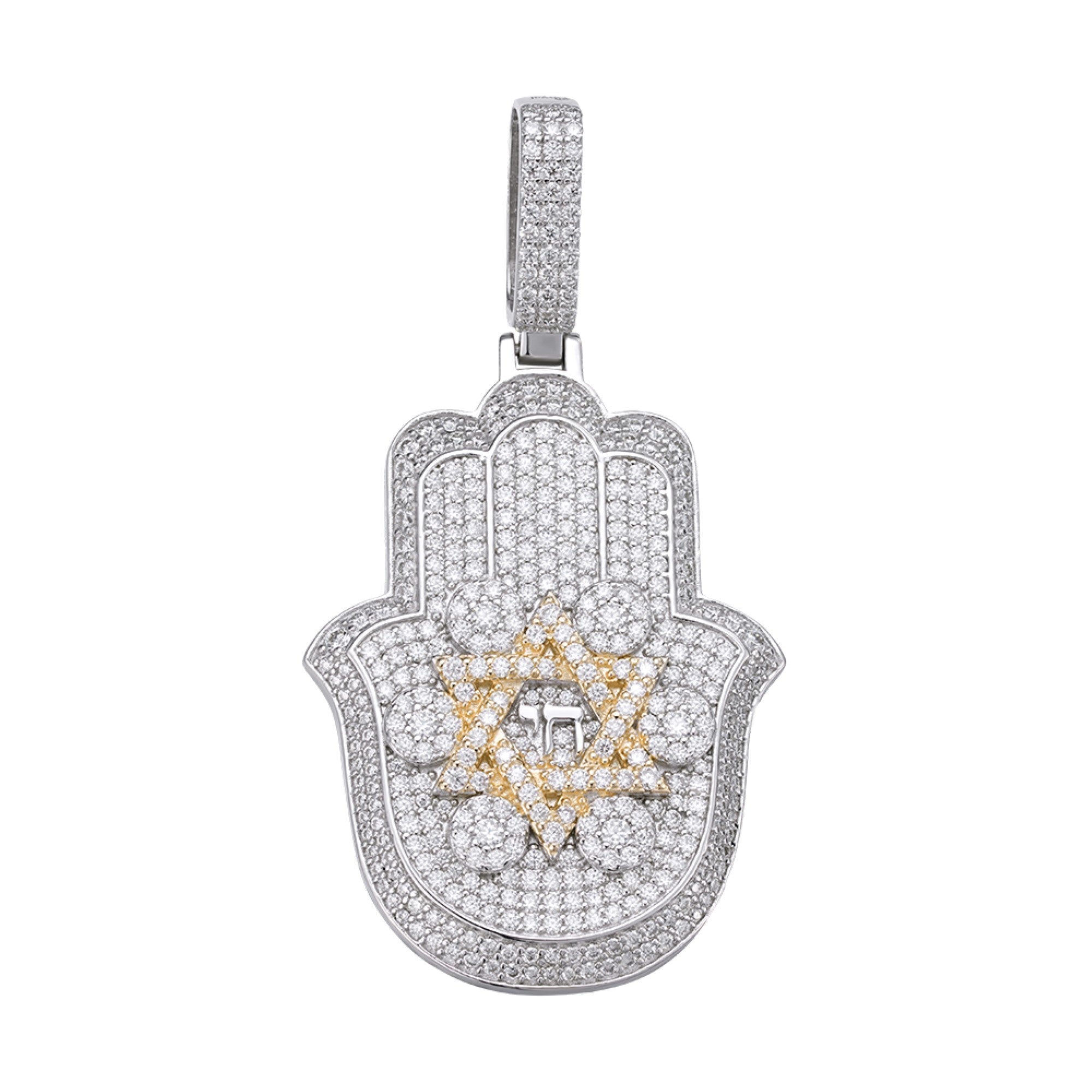 Sterling Silver Round Moissanite Hamza Hand Religious Pendant RP+GP 3-5/8 Cttw