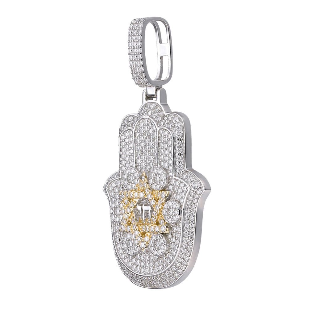 Sterling Silver Round Moissanite Hamza Hand Religious Pendant RP+GP 3-5/8 Cttw