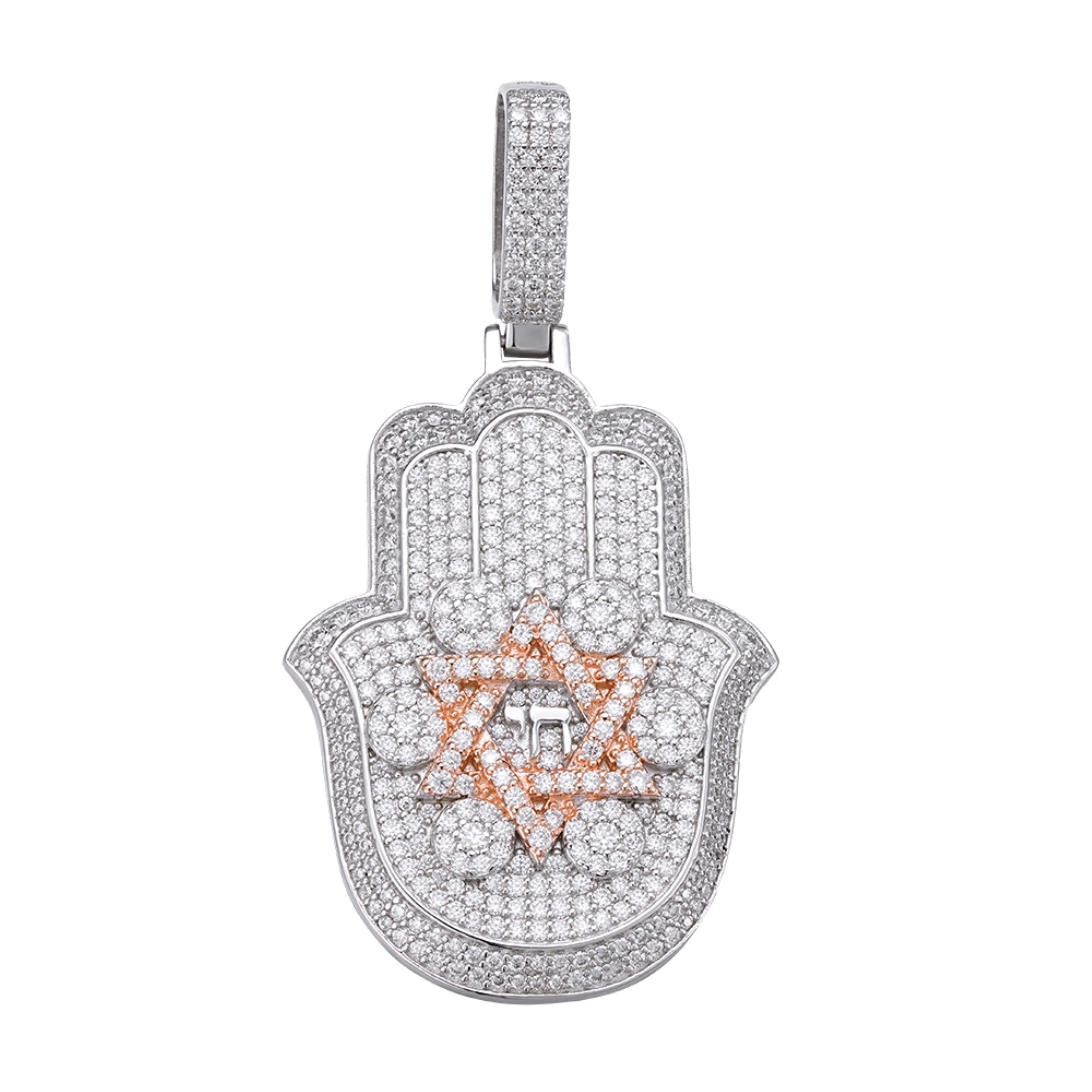 Sterling Silver Round Moissanite Hamza Hand Religious Pendant RP+PP 3-5/8 Cttw