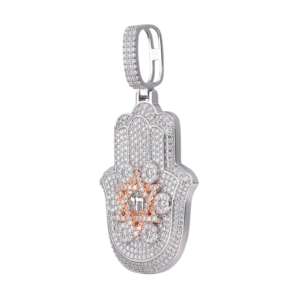 Sterling Silver Round Moissanite Hamza Hand Religious Pendant RP+PP 3-5/8 Cttw