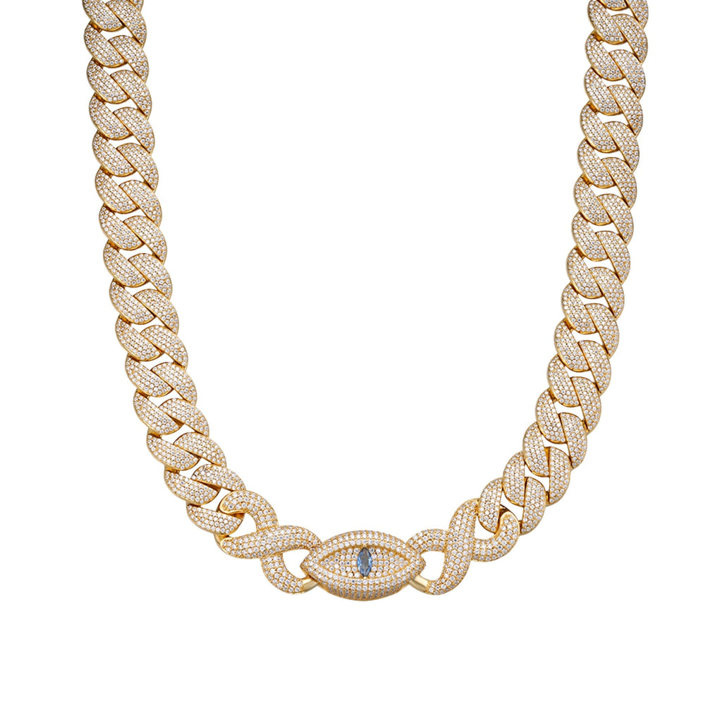 Sterling Silver Round Moissanite 15mm Inifinity Cuban With Evil Eye Designer 22 Inch Mens Necklace GP 27-1/8 Cttw