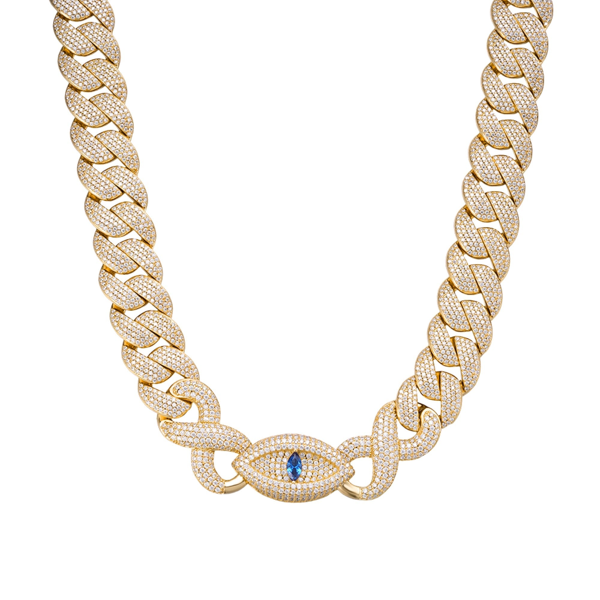 Sterling Silver Round Moissanite 18mm Inifinity Cuban With Evil Eye Designer 22 Inch Mens Necklace GP 35 Cttw