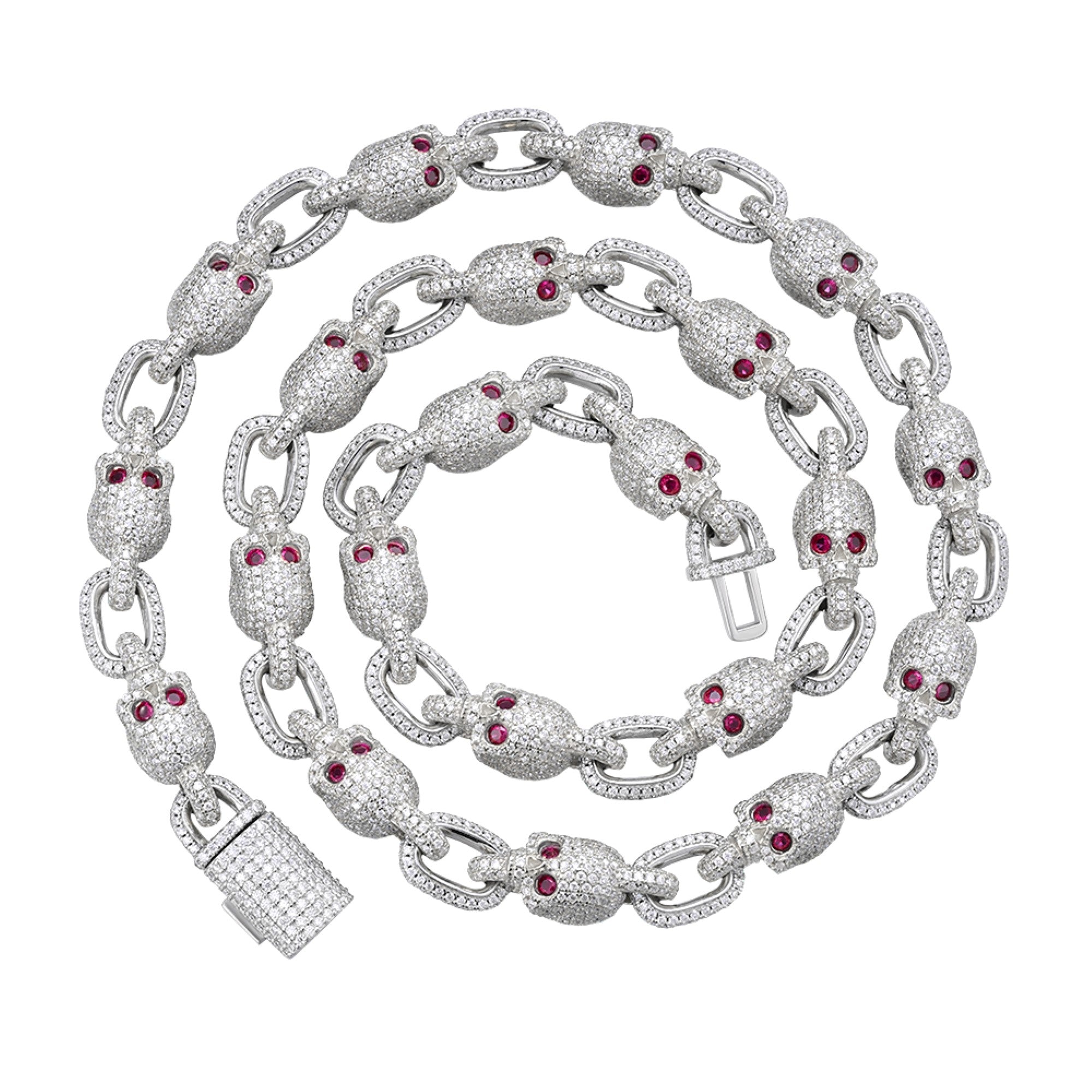 Sterling Silver Round Moissanite With Red Eyes Skull 22 Inch Necklace RP 30-3/4 Cttw