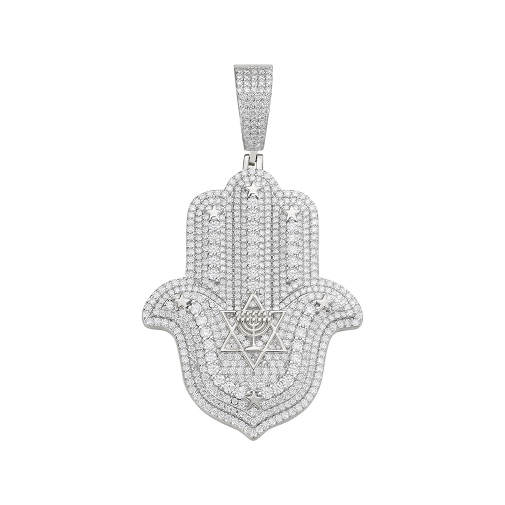 Sterling Silver Round Moissanite Hamza Hand Religious Pendant RP 4-5/8 Cttw