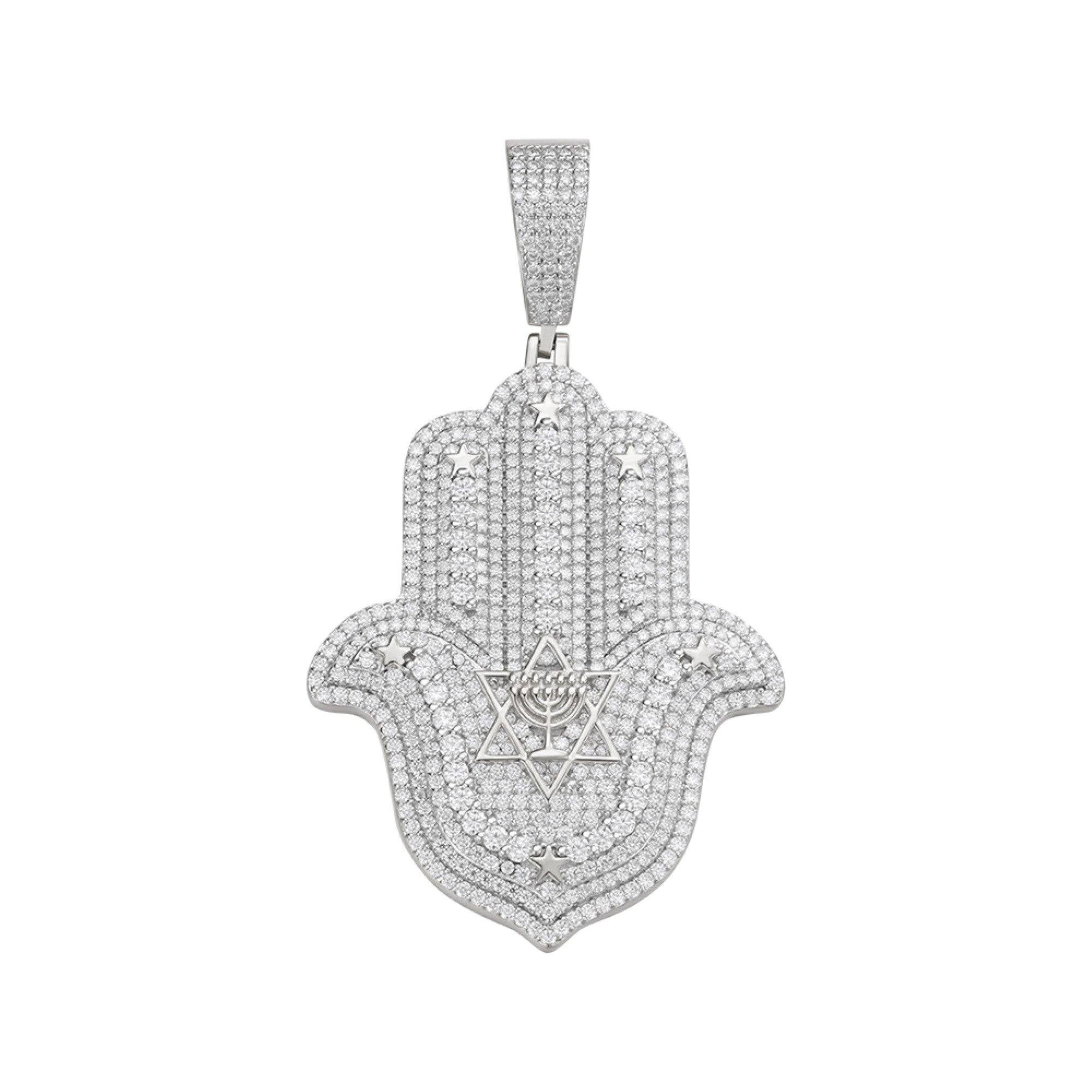 Sterling Silver Round Moissanite Hamza Hand Religious Pendant RP 4-5/8 Cttw