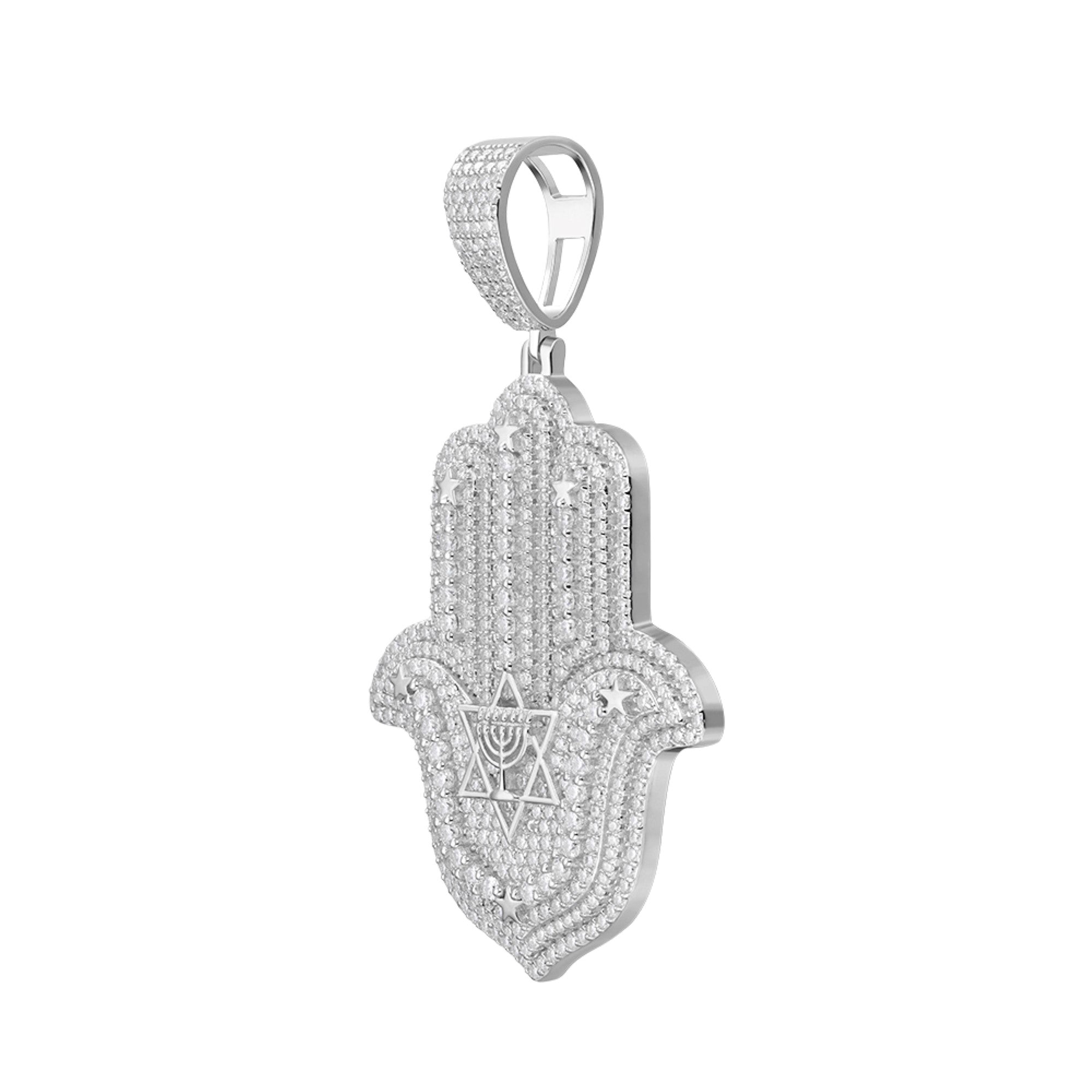Sterling Silver Round Moissanite Hamza Hand Religious Pendant RP 4-5/8 Cttw
