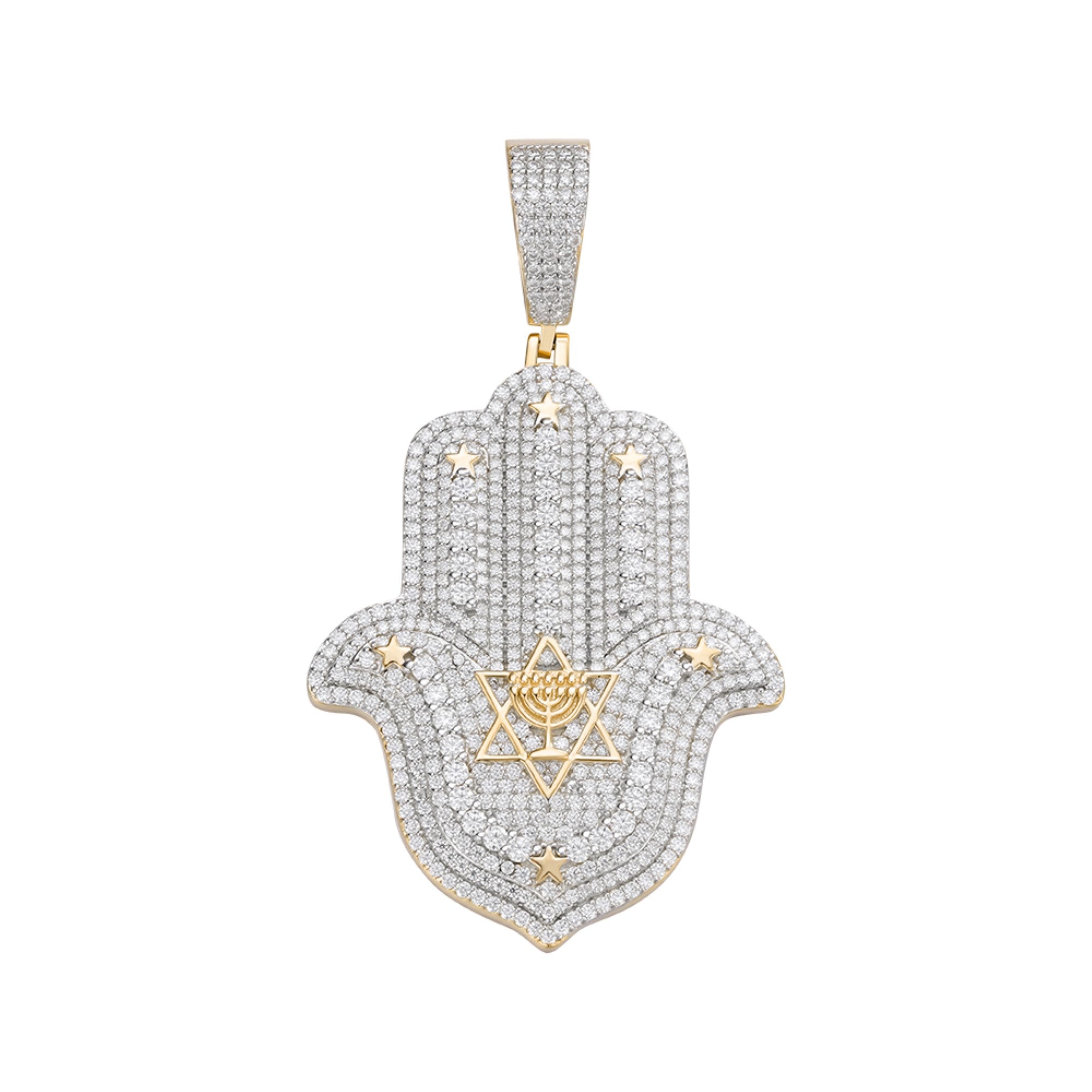 Sterling Silver Round Moissanite Hamza Hand Religious Pendant RP+GP 4-5/8 Cttw