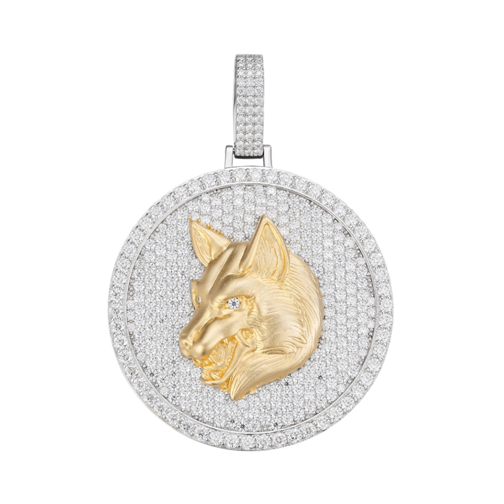 Sterling Silver Round Moissanite Wolf Animal Pendant RP+GP 10-7/8 Cttw
