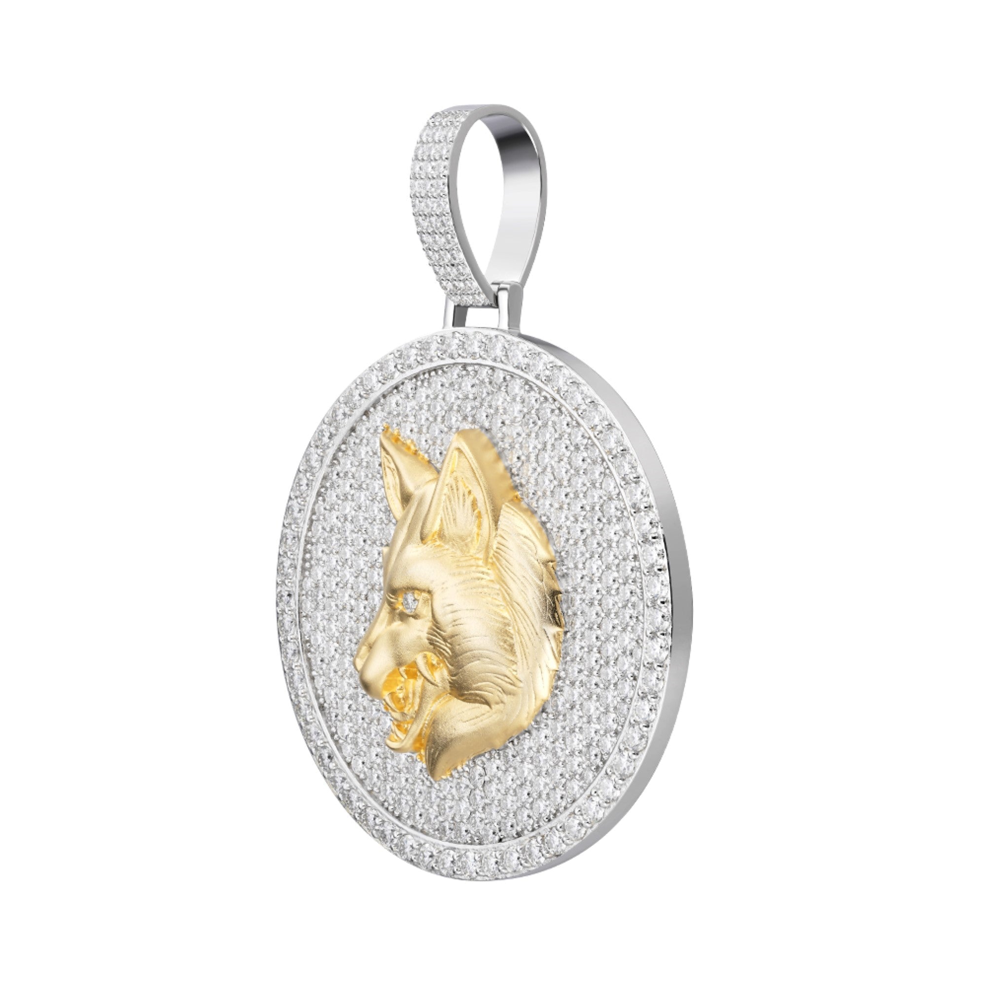 Sterling Silver Round Moissanite Wolf Animal Pendant RP+GP 10-7/8 Cttw