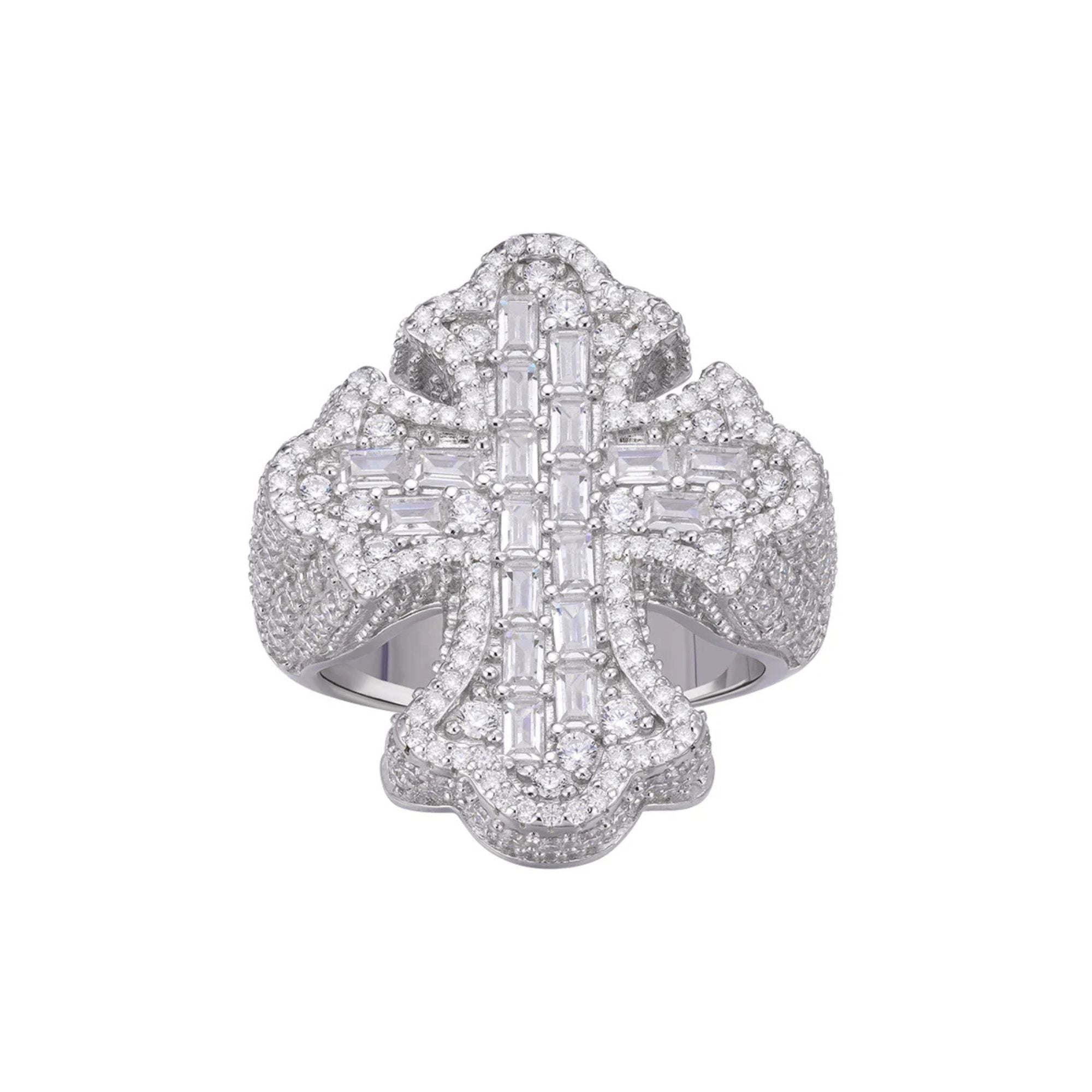 Sterling Silver Round Moissanite With White CZ Mens Cross Religious SZ 10 Ring RP 2-5/8 Cttw