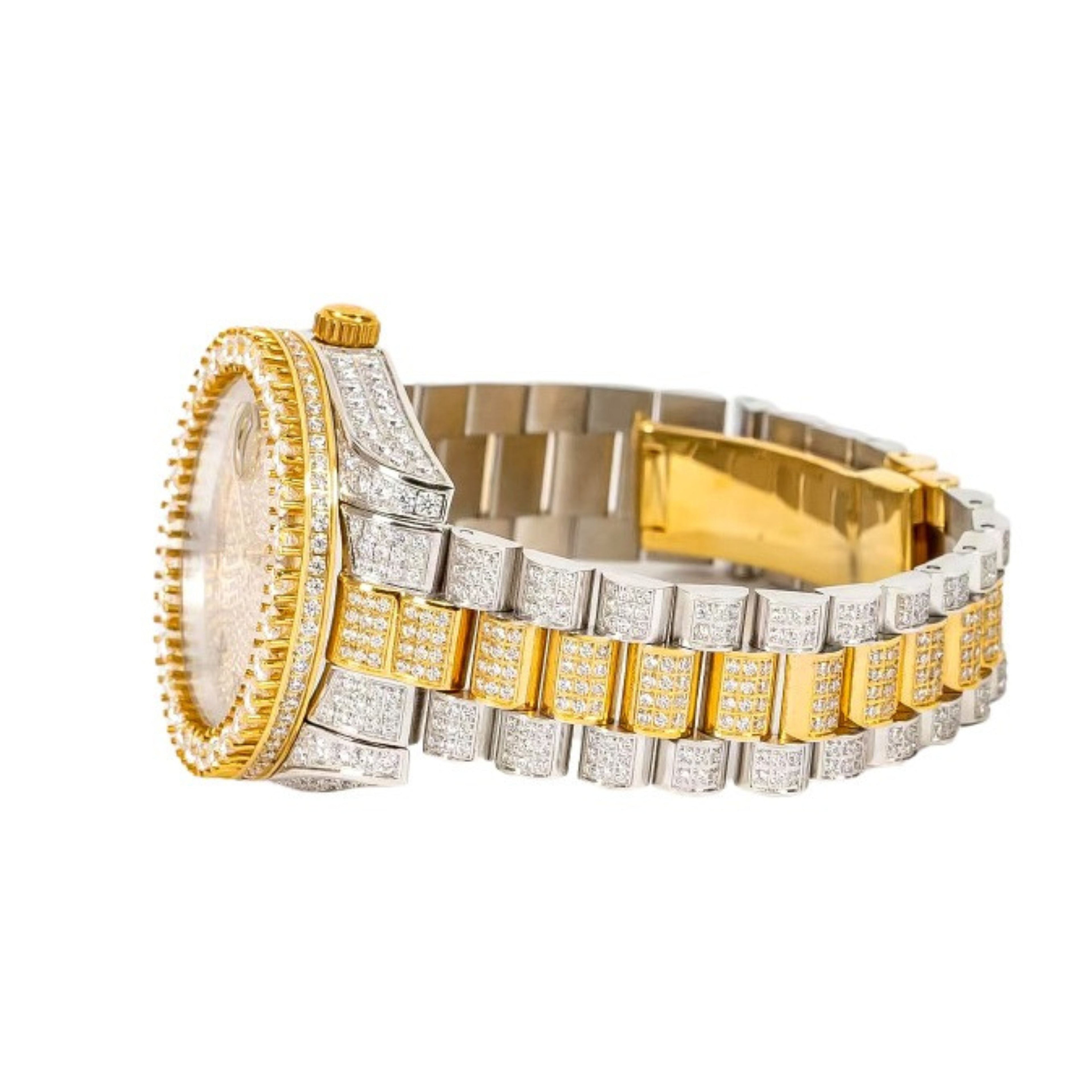 Moissanite Stainless Steel Yellow Two Tone Band Mens Watch 17-1/3 Cttw