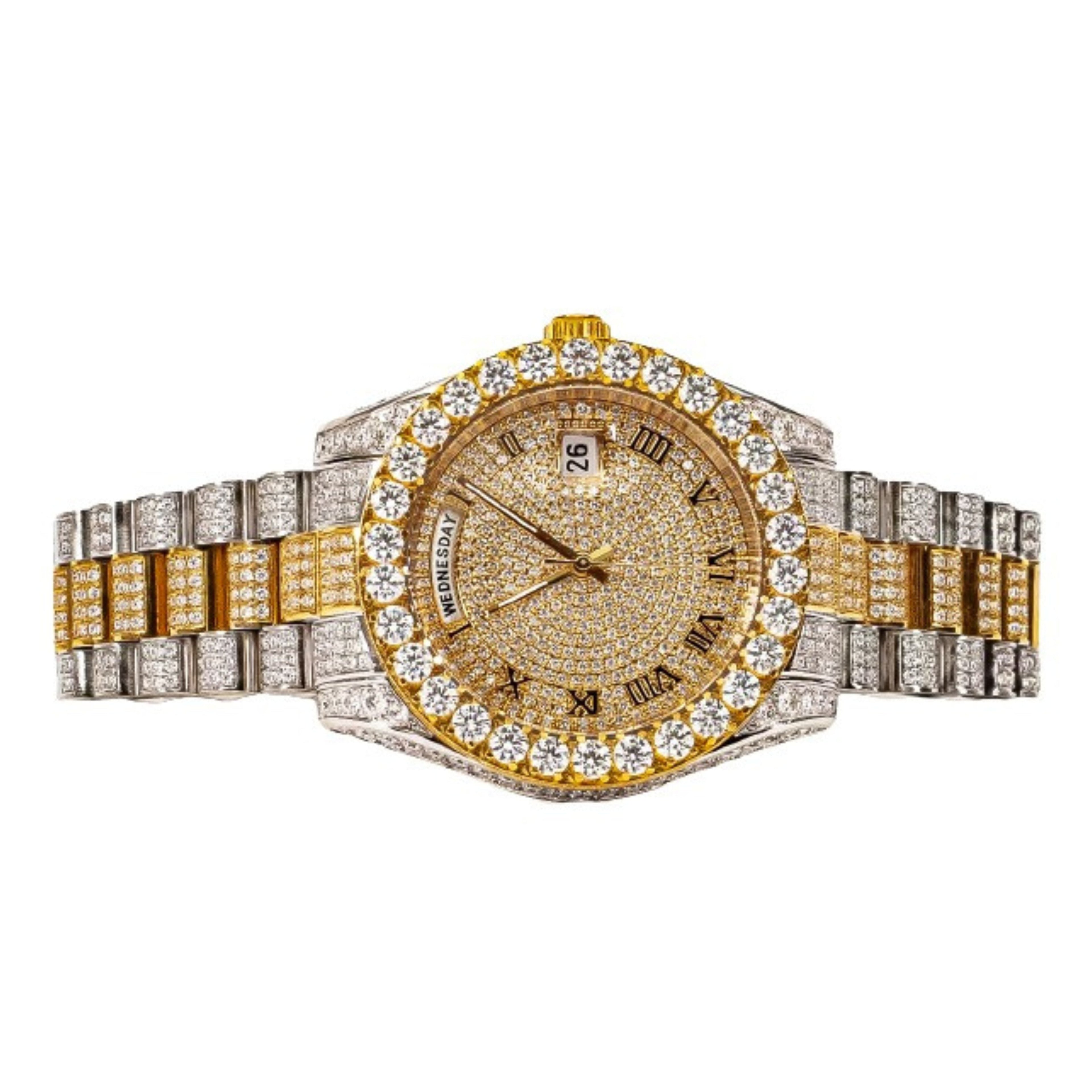 Moissanite Stainless Steel Yellow Two Tone Band Mens Watch 17-1/3 Cttw