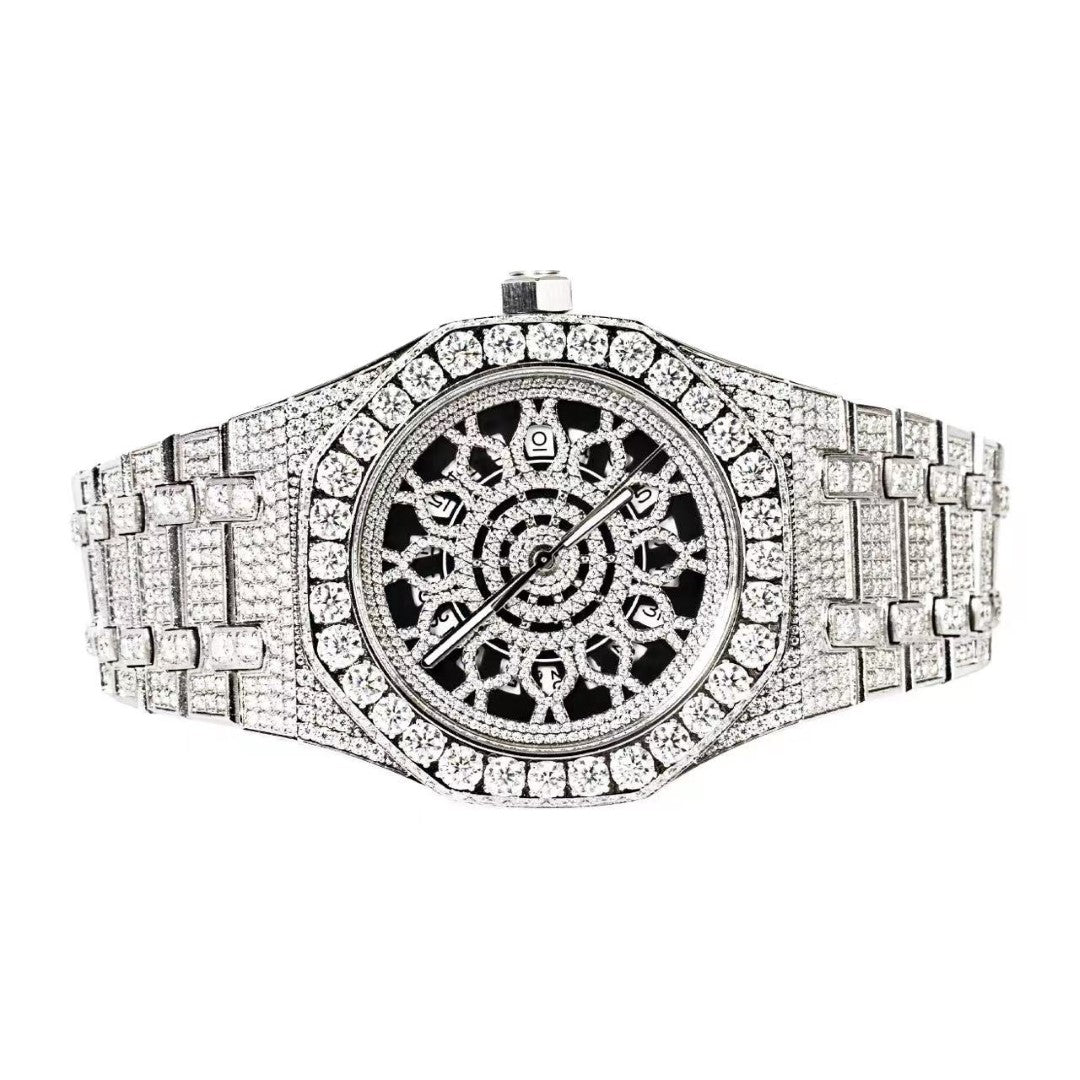 Moissanite Stainless Steel Skeleton Dial White Band Mens Watch