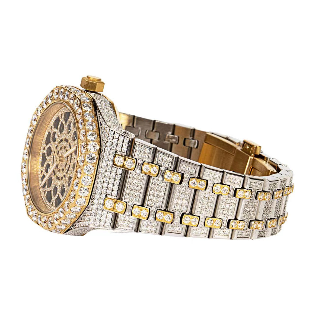 Moissanite Stainless Steel Two Tone Yellow Band Mens Watch