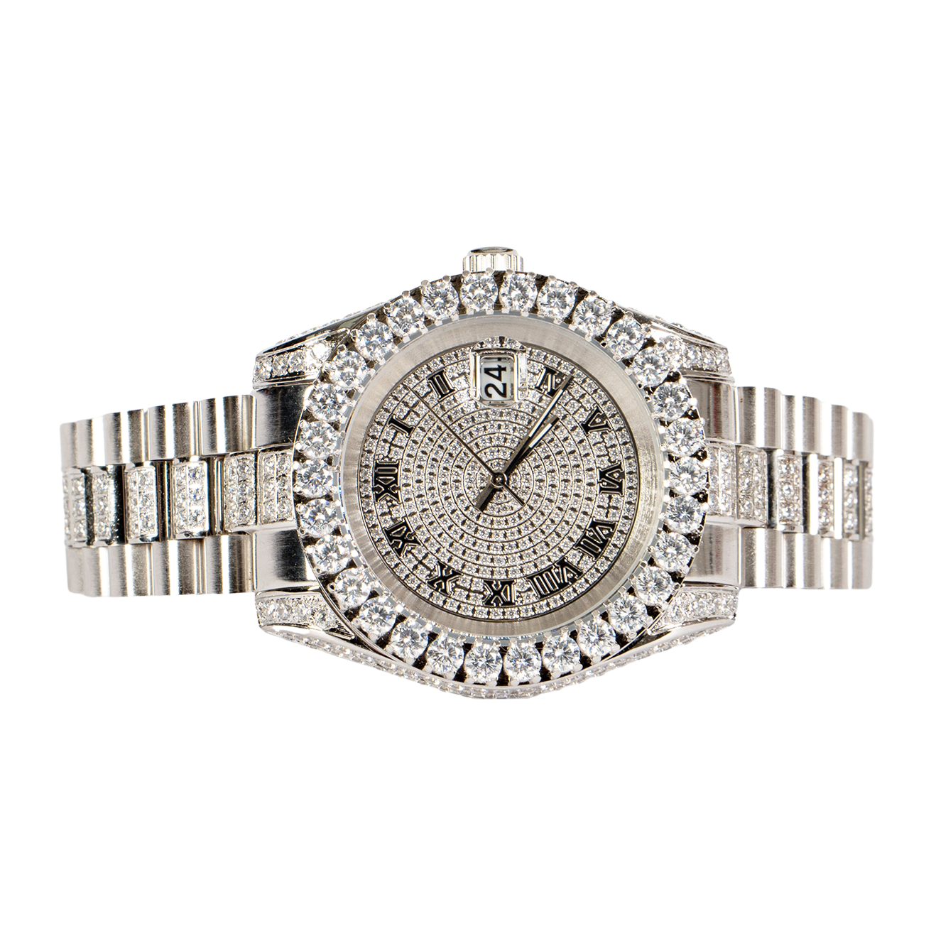 Moissanite Stainless Steel Mens White Steel Band Watch