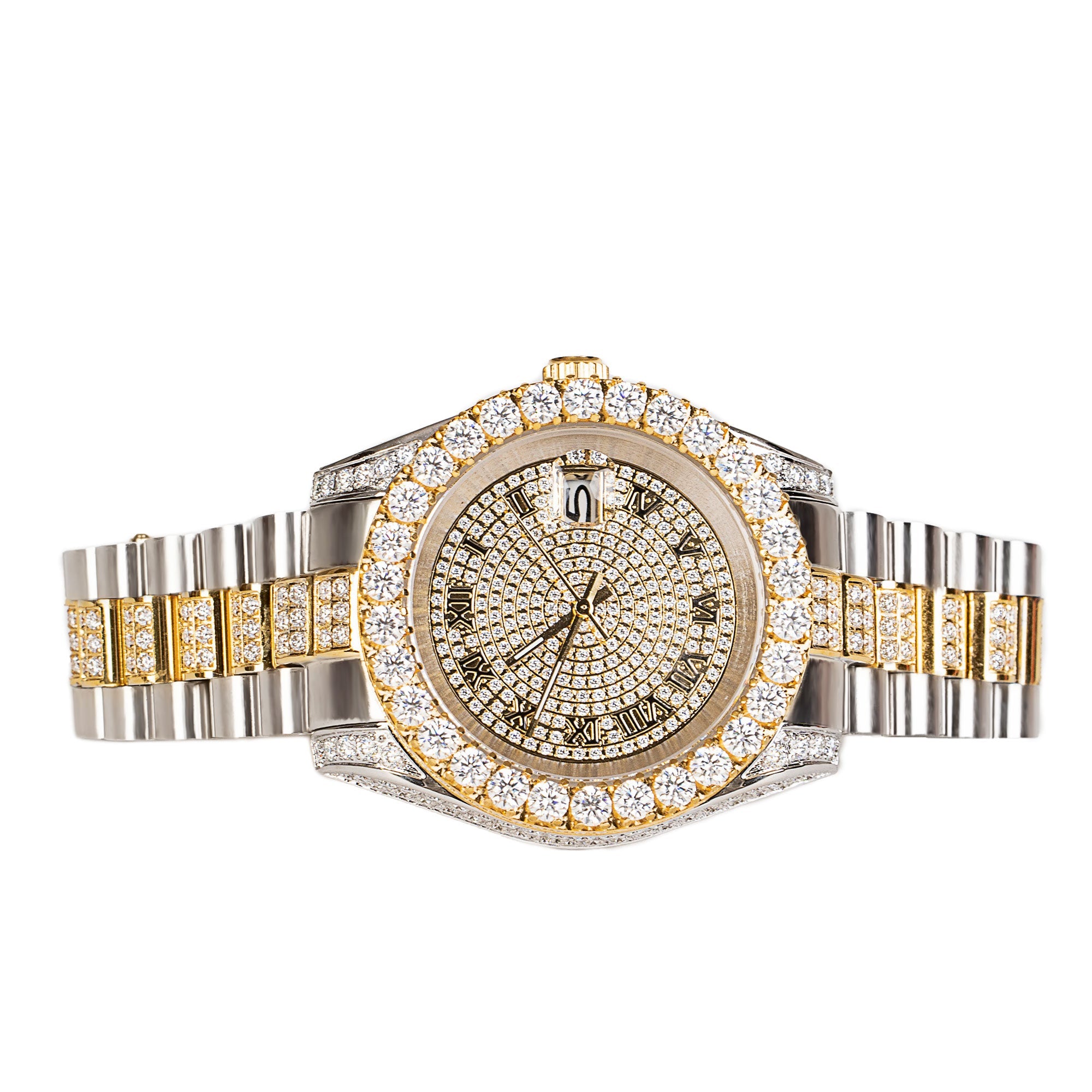 Moissanite Stainless Steel Mens Yellow White Two Tone Steel Band Watch