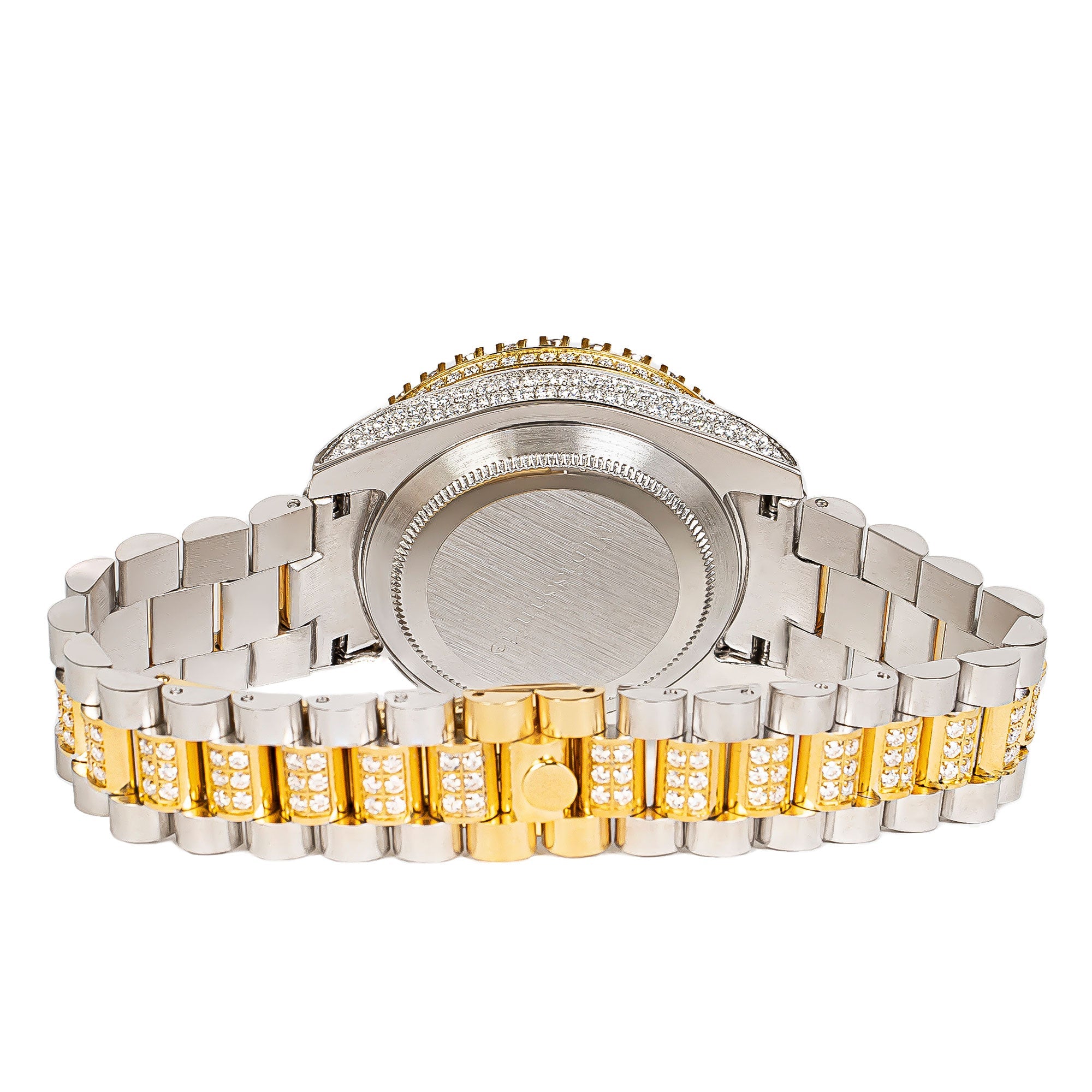 Moissanite Stainless Steel Mens Yellow White Two Tone Steel Band Watch