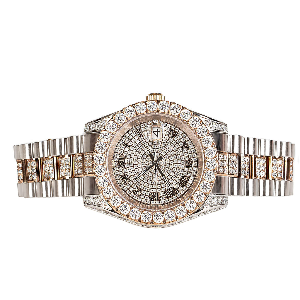 Moissanite Stainless Steel Mens Rose White Two Tone Steel Band Watch