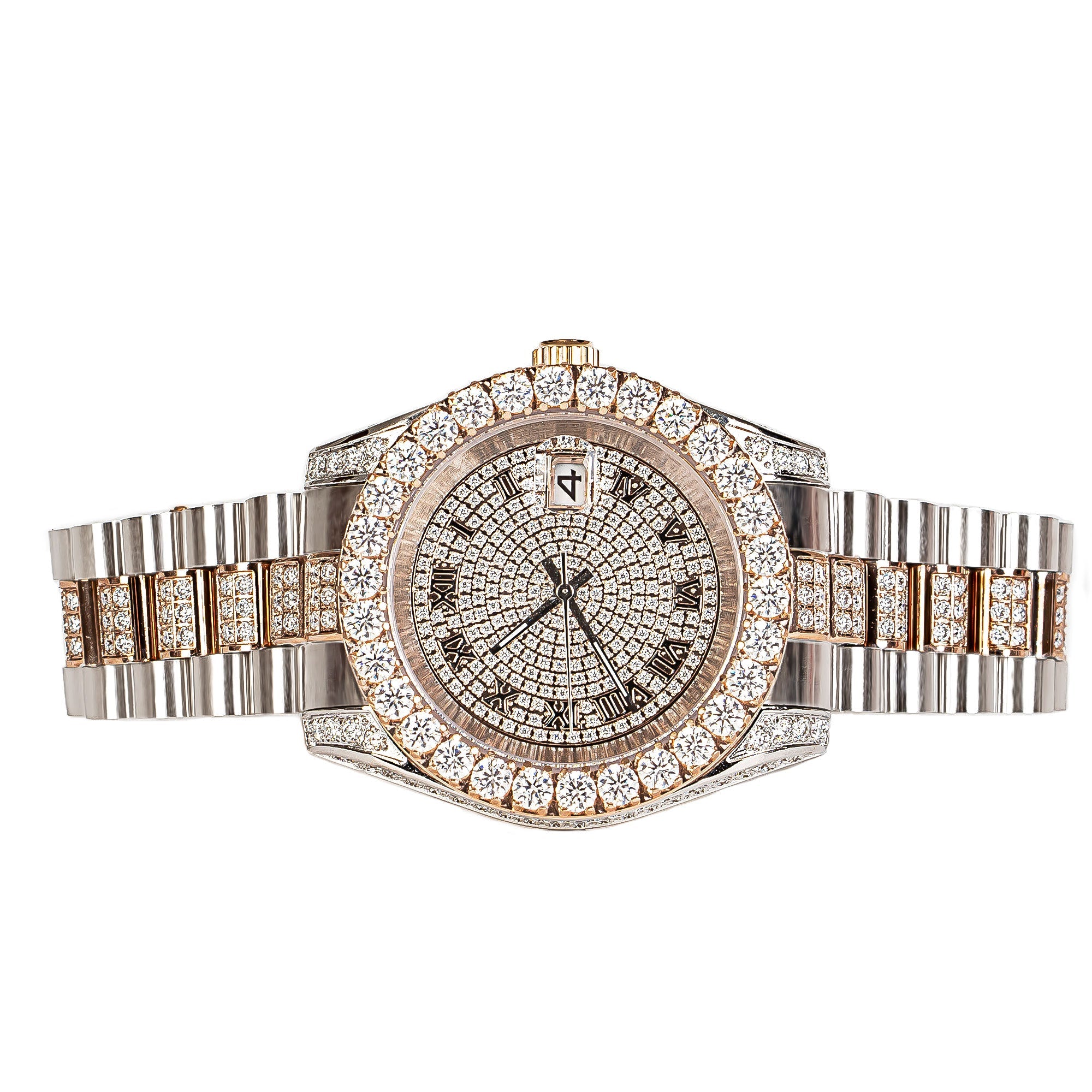Moissanite Stainless Steel Mens Rose White Two Tone Steel Band Watch