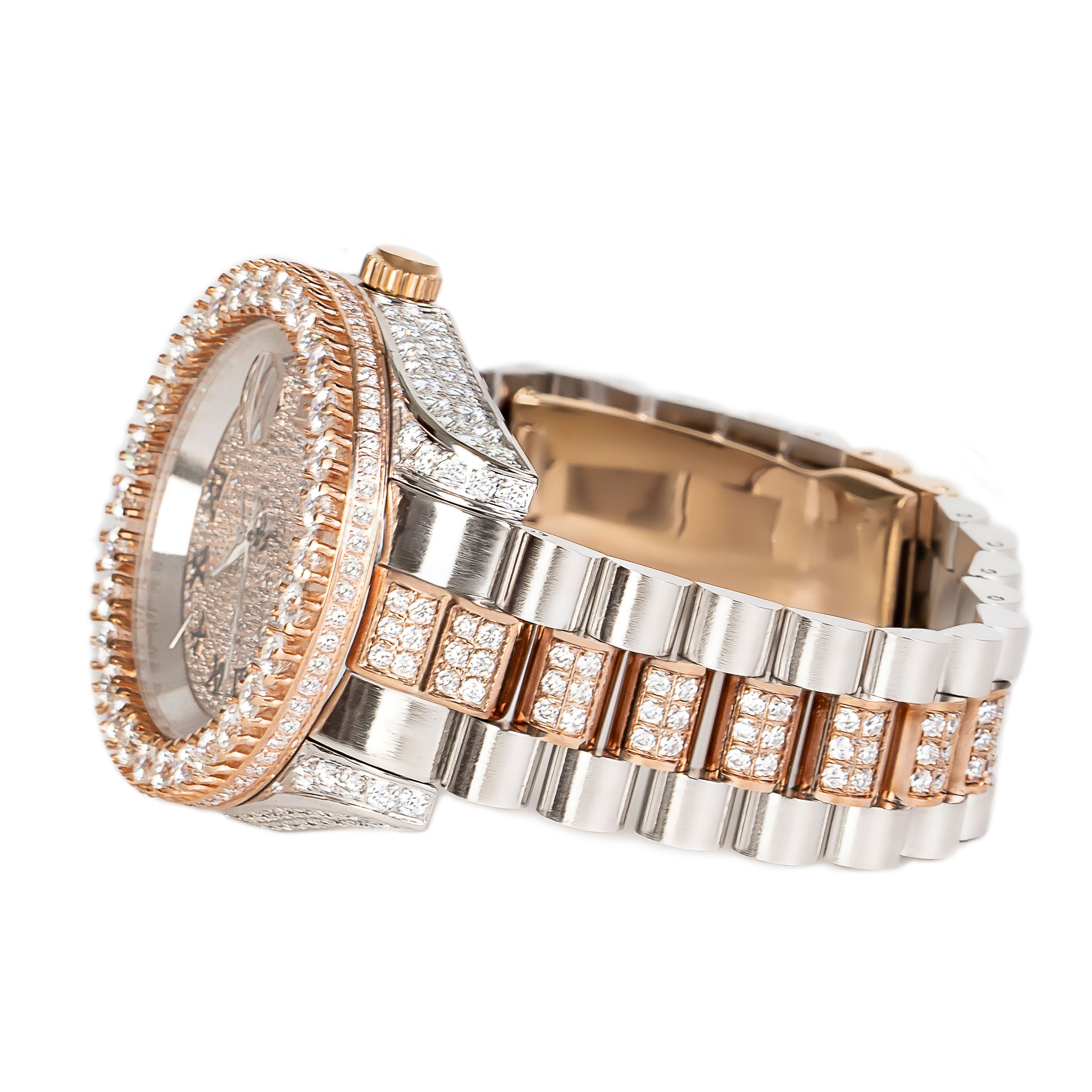 Moissanite Stainless Steel Mens Rose White Two Tone Steel Band Watch