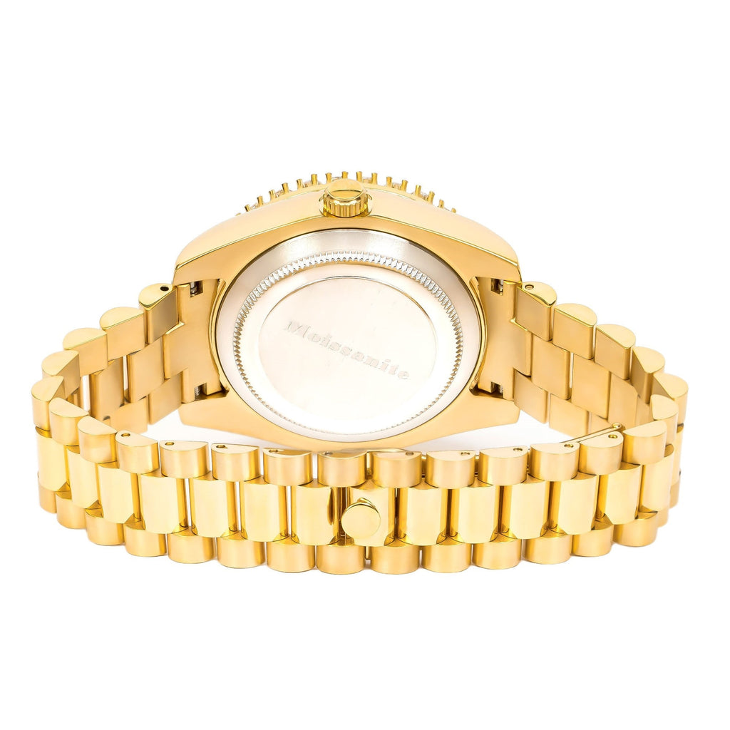 Moissanite Stainless Steel Gold Dial Mens Yellow Steel Band Watch