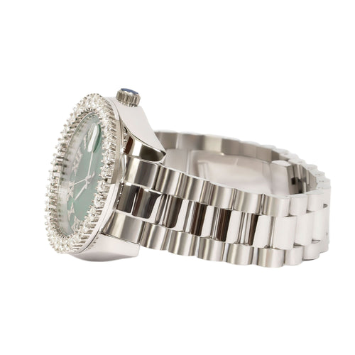 Moissanite Stainless Steel Green Dial Mens White Steel Band Watch