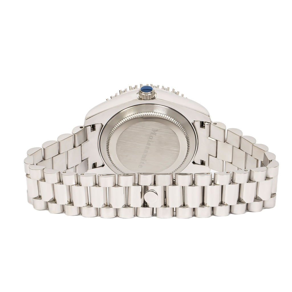 Moissanite Stainless Steel Red Dial Mens White Steel Band Watch