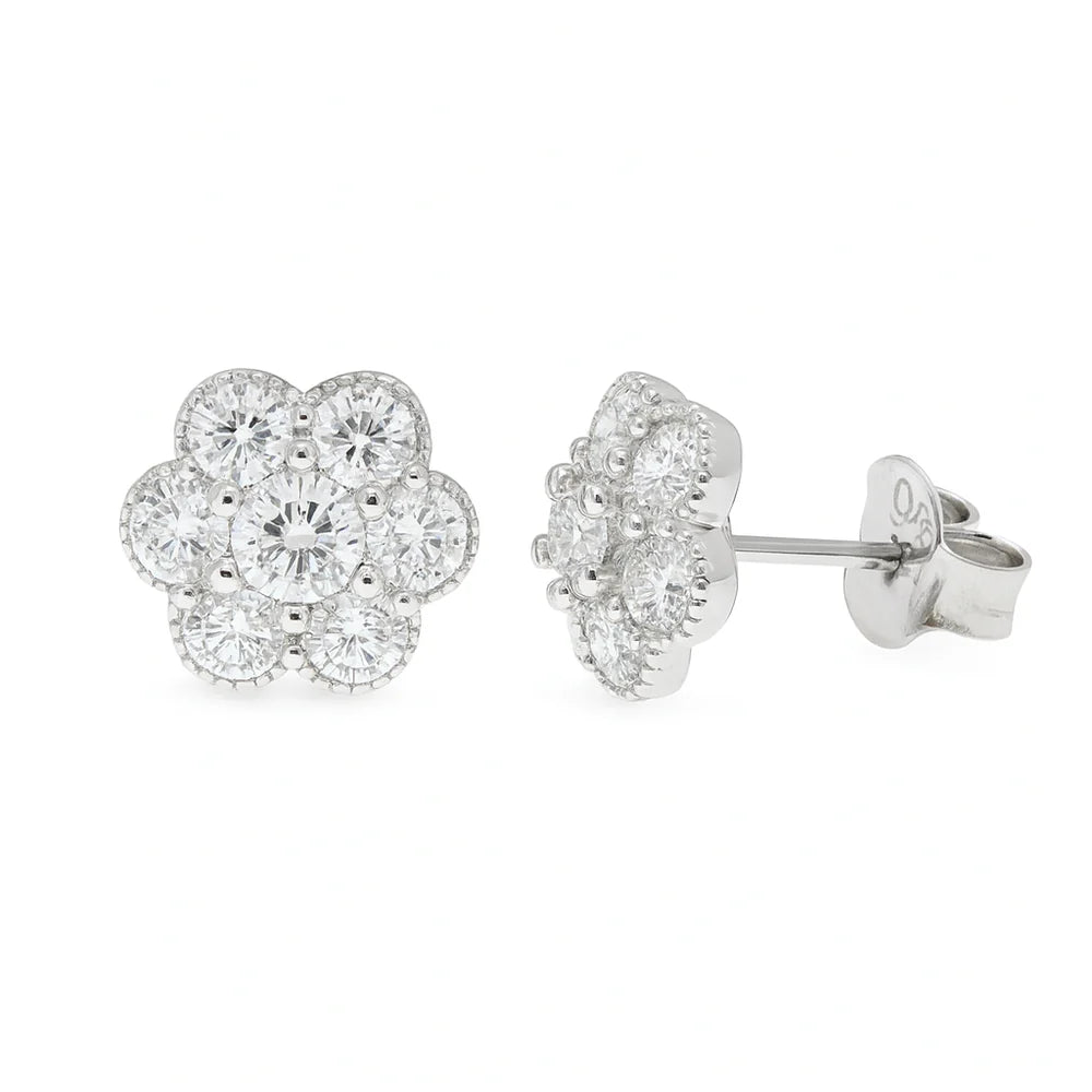 Rhodium Plated 925 Sterling Silver Moissanite Cluster Flower 8.6mm Stud Earring